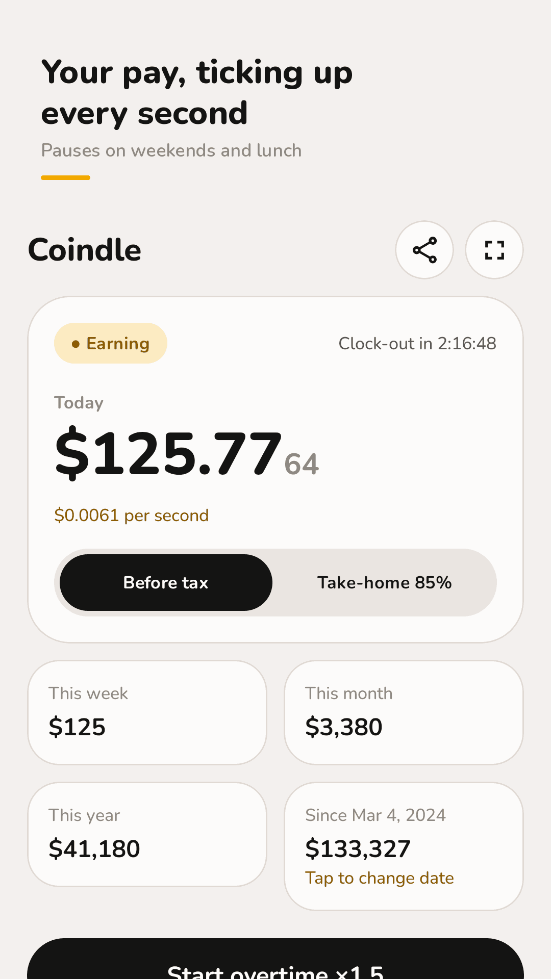 Coindle home screen: today's earnings counting up every second, with this week, month and year
