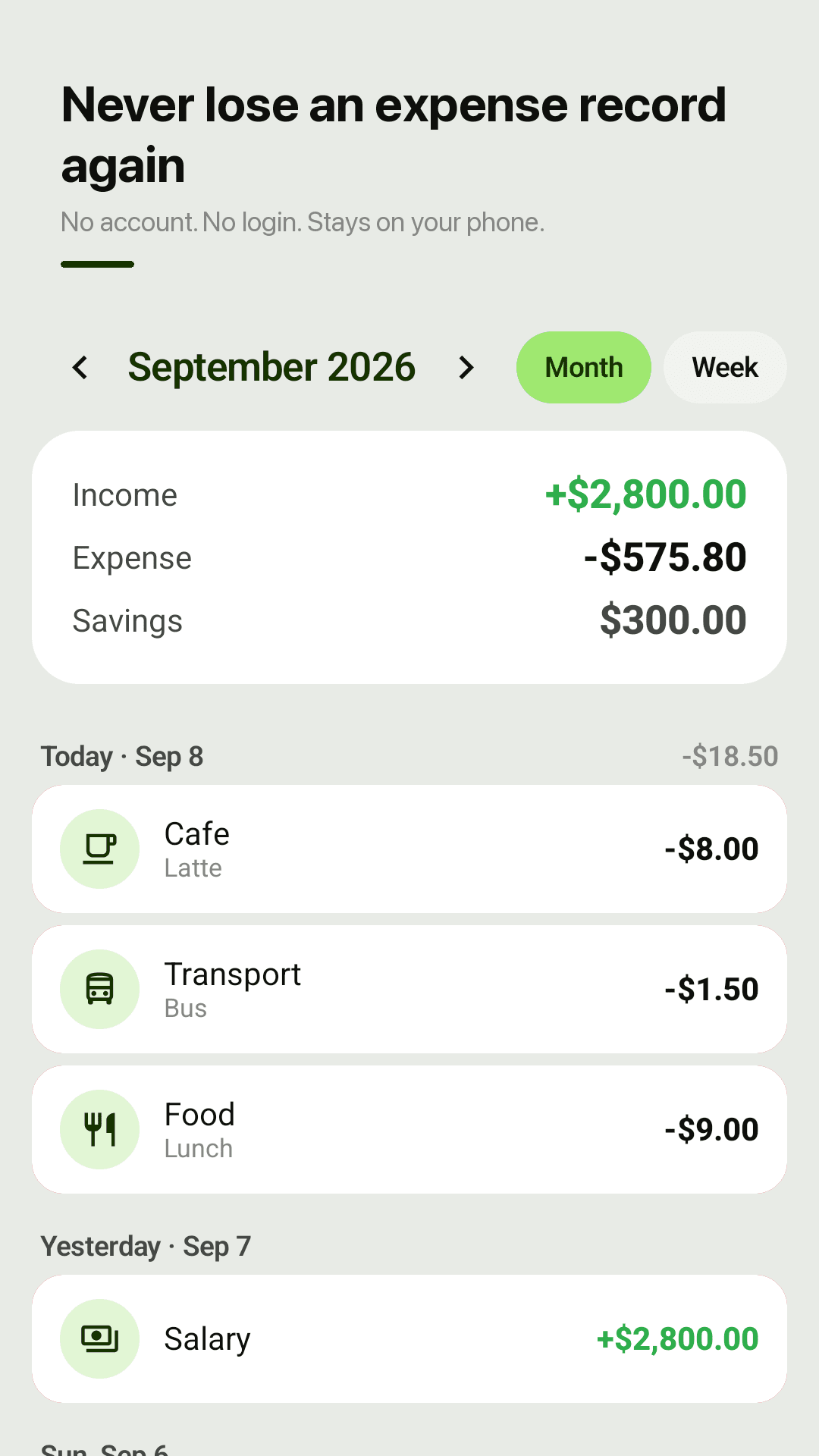 Coinjot home screen with this month's income, expenses and savings and a daily record list