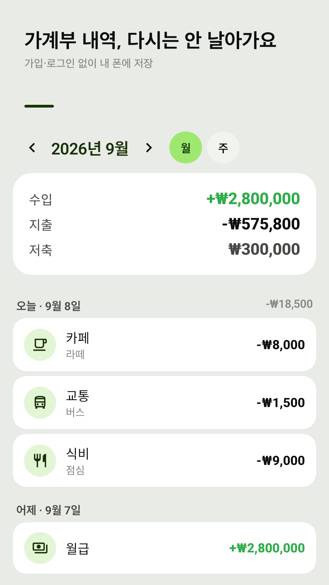 Coinjot 홈 화면 — 이번 달 수입·지출·저축 요약과 날짜별 기록 목록