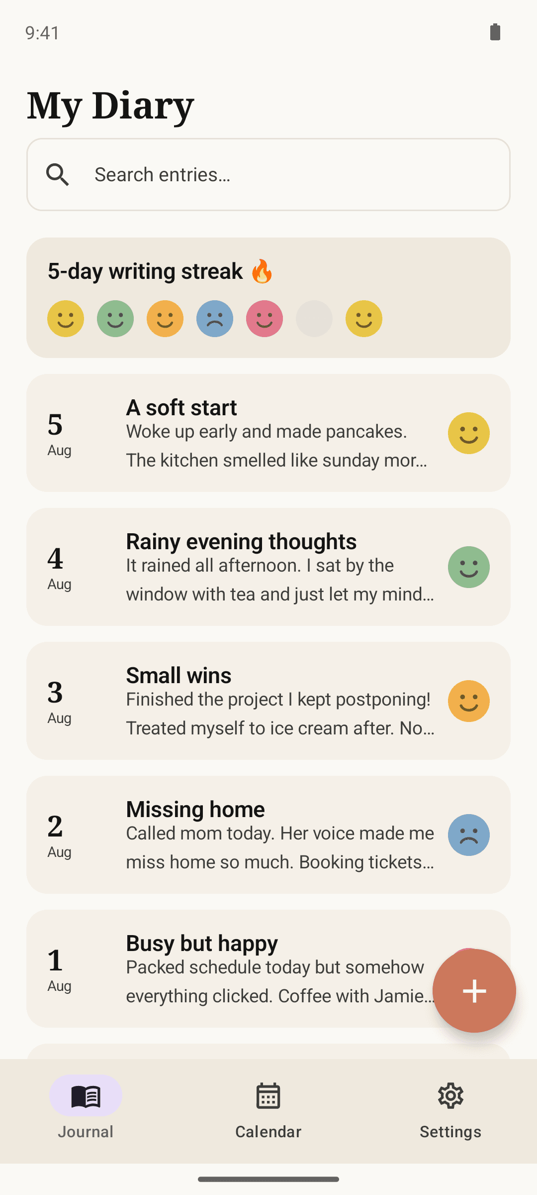 Journal list with writing streak