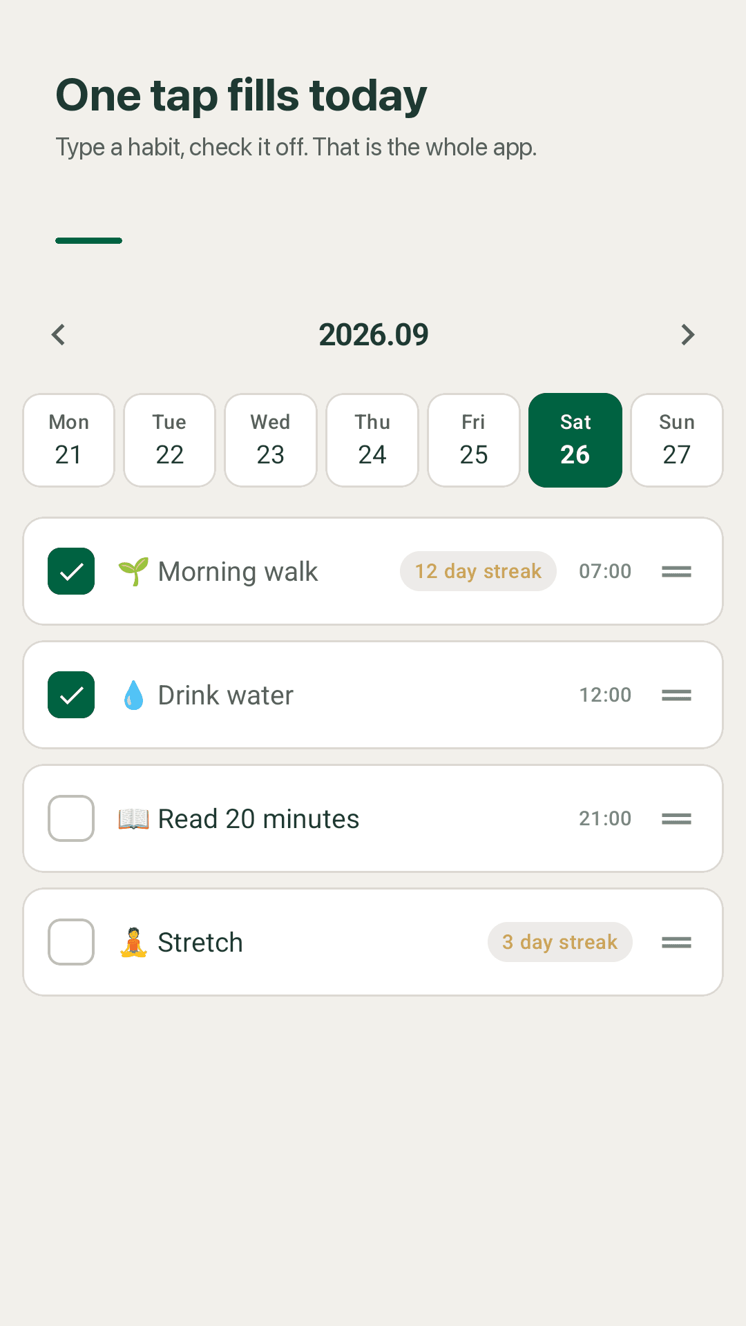 Dayfill home screen showing today's habits and their check state