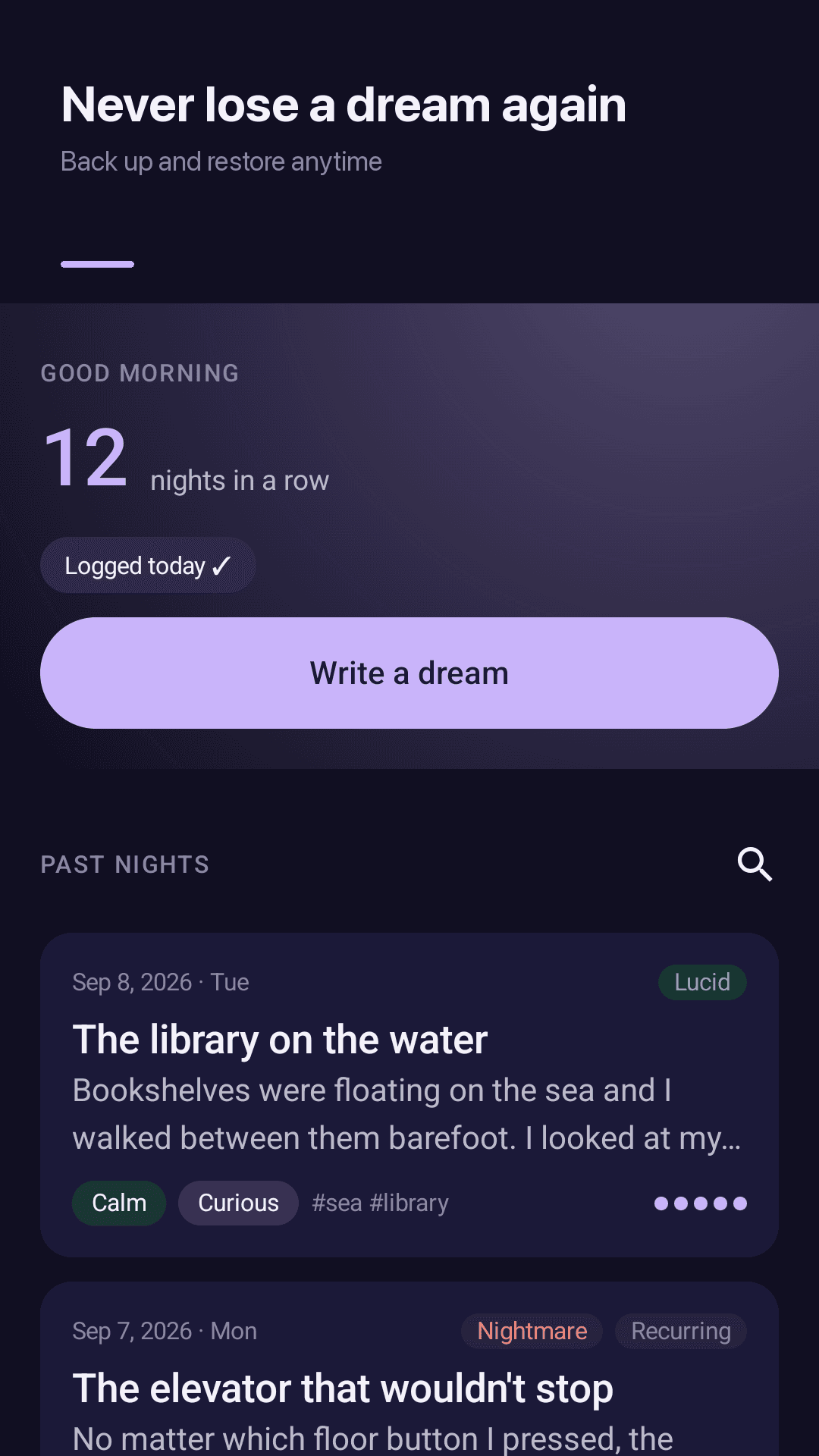 Dreamfold home screen โ a 12-night streak, the Write a dream button and past dreams marked lucid, nightmare and recurring
