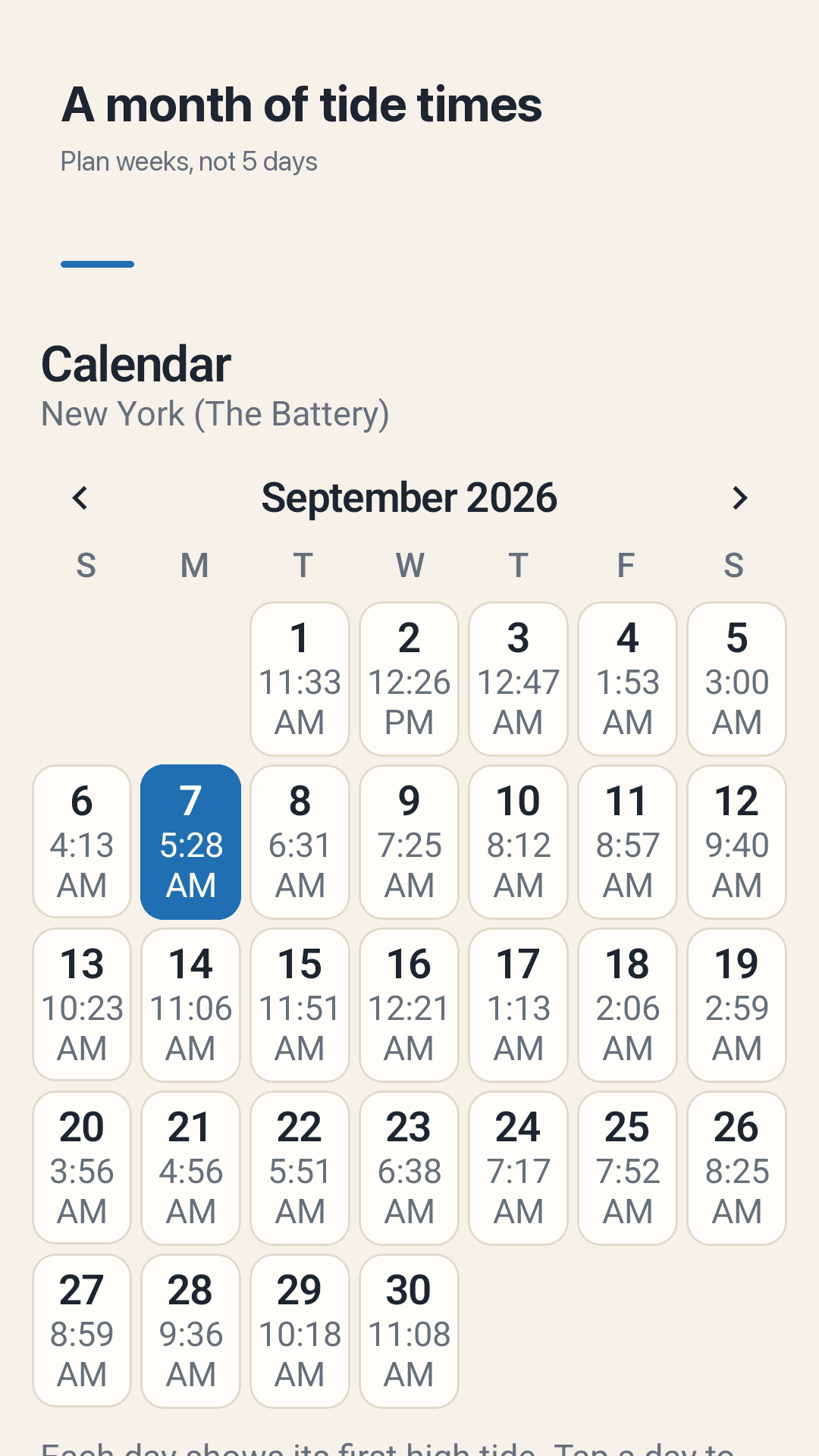 A month of tide times
