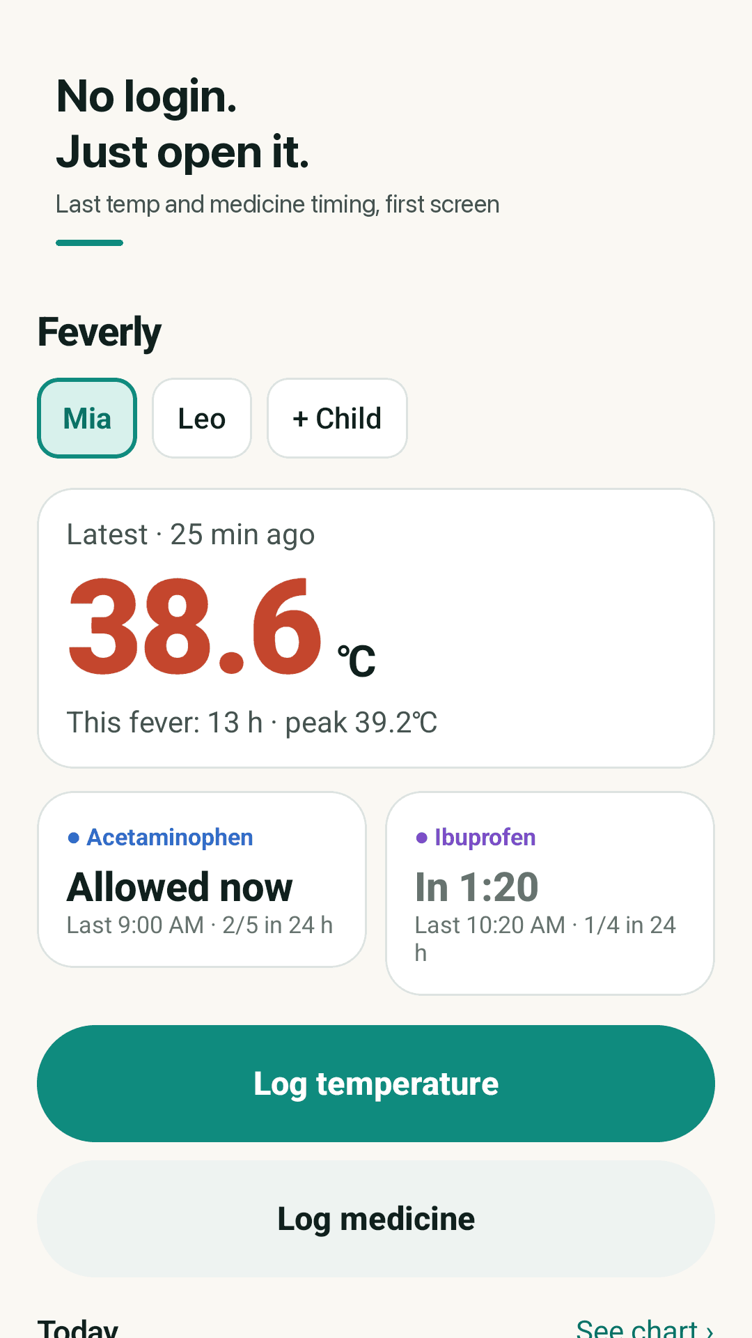 Feverly home screen with the latest temperature and medicine timing