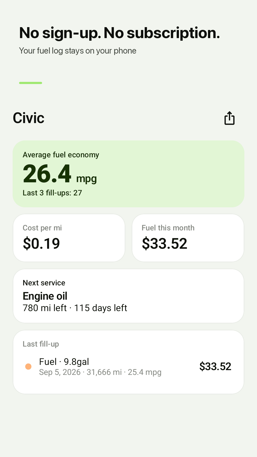 Fillnote home screen with average MPG and next service