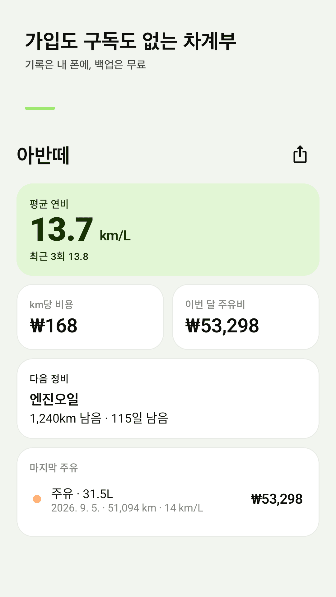 Fillnote 홈 화면 - 평균 연비와 다음 정비