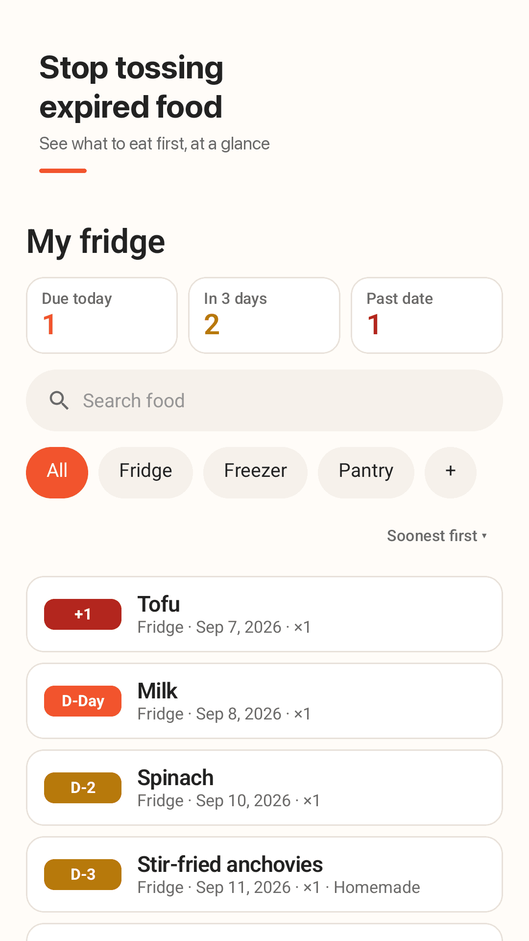 Fridgemo home screen with food sorted by expiry and D-day badges