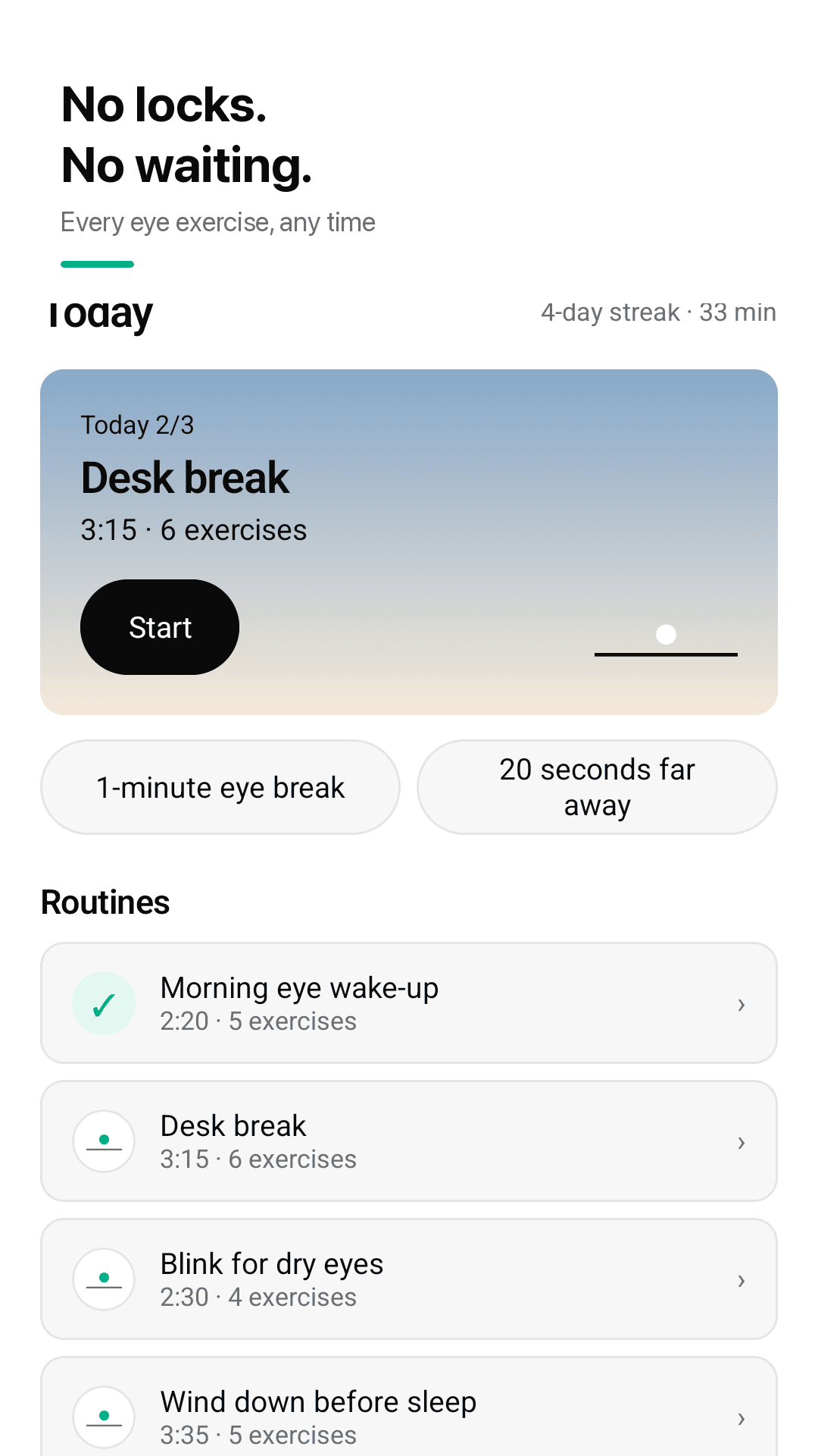 Gazely โ Home screen with today's routine, a 1-minute eye break and four routines