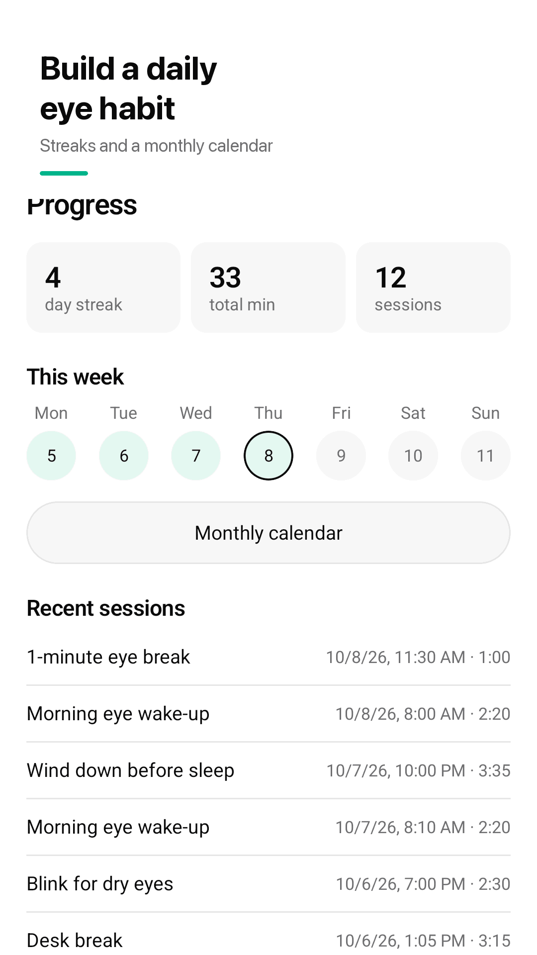 Build a daily eye habit with streaks and a calendar