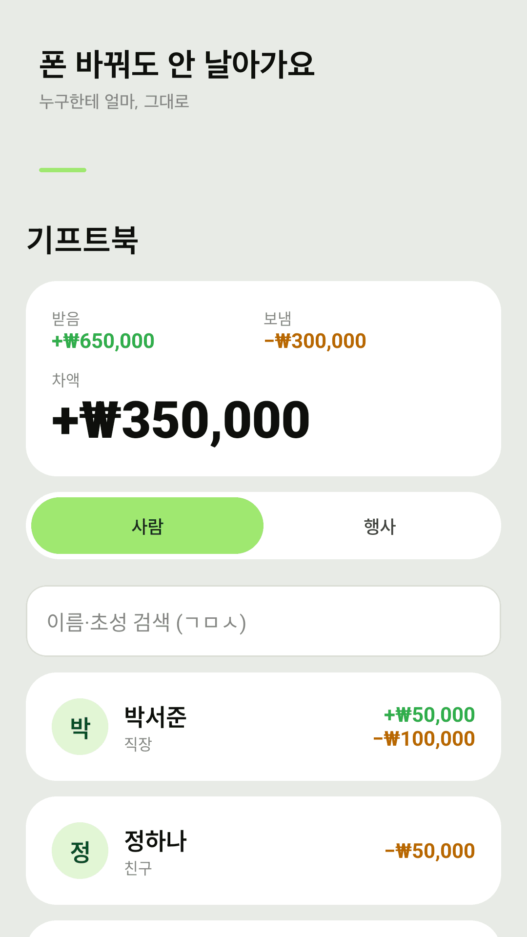 기프트북 경조사 장부 홈 화면 — 받음·보냄·차액과 사람별 목록