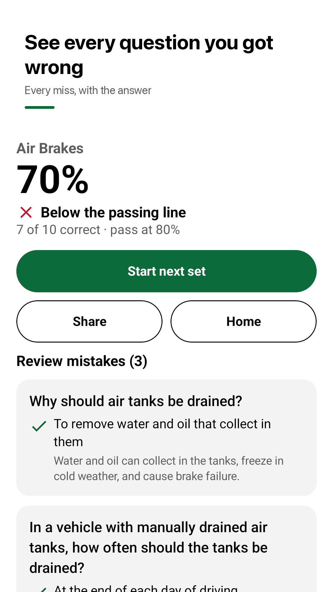 Haulprep result screen with score, the 80% passing line and missed questions