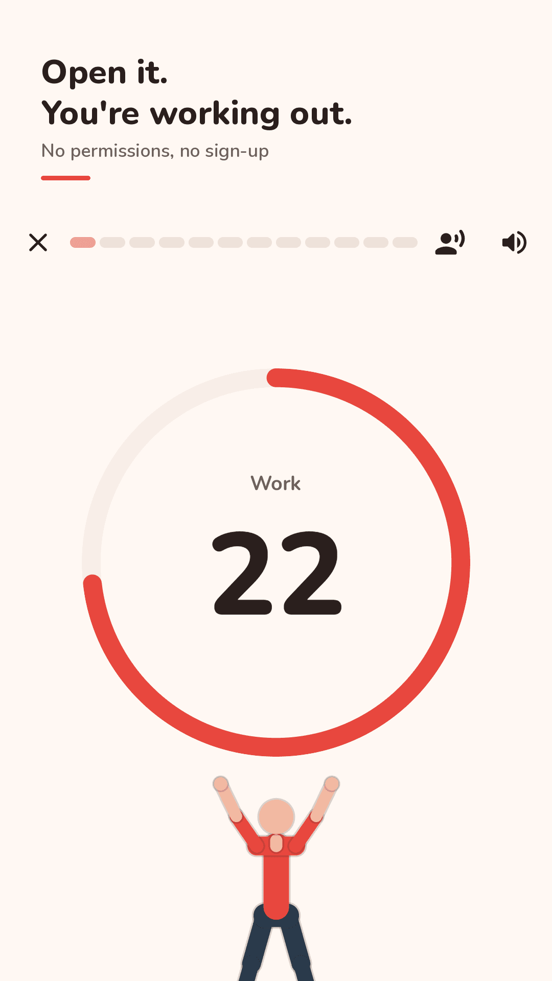 Heptick workout screen: a coral countdown ring and a coach doing jumping jacks