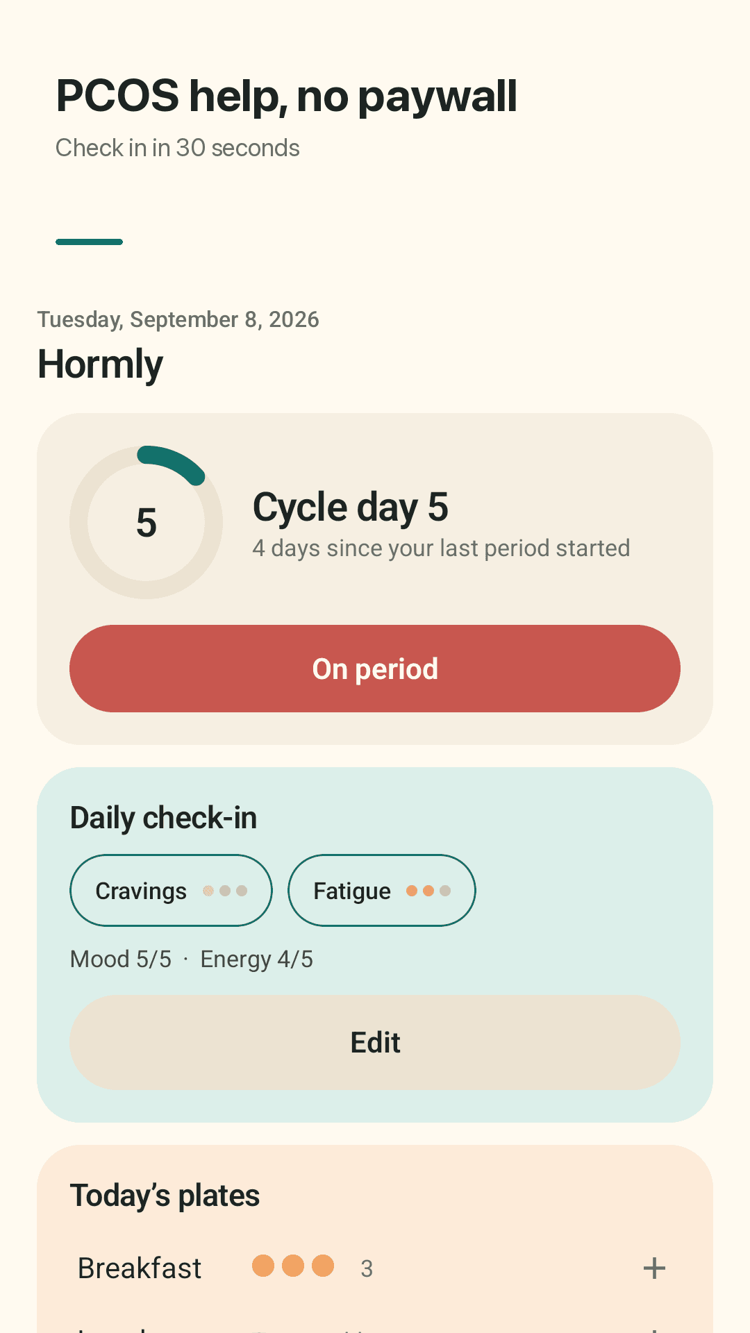 Hormly Today screen: cycle day, daily check-in and today's plates