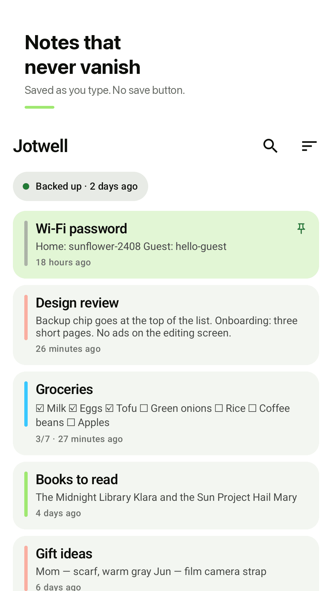 Jotwell note list โ backup status, a pinned note and a checklist note