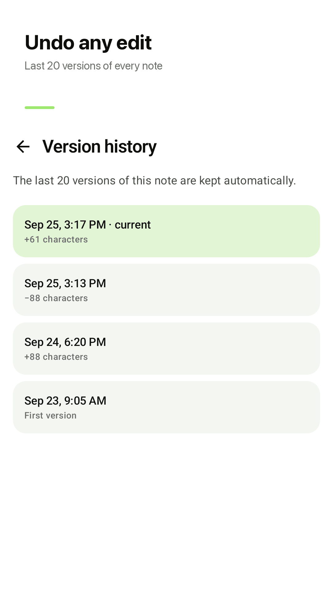 Last 20 versions of every note