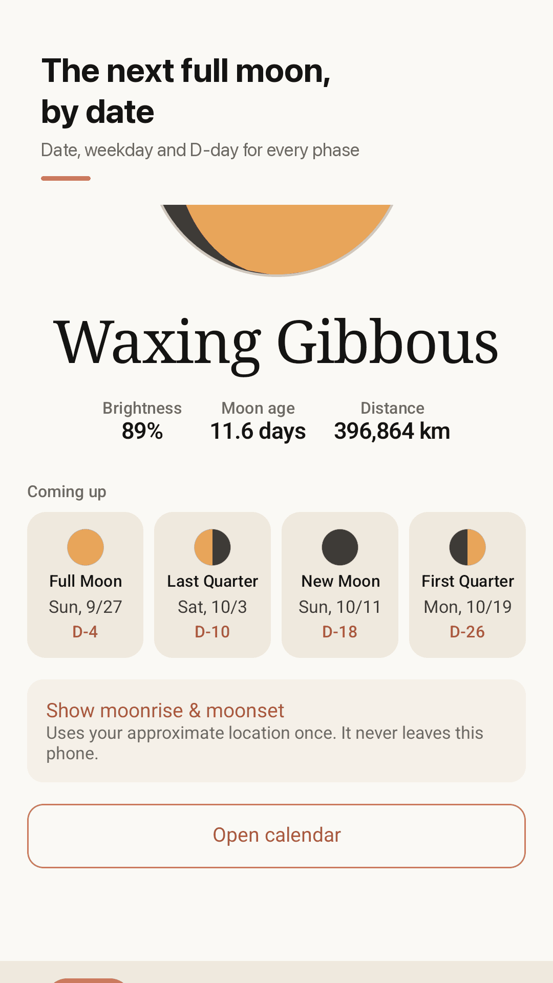 Next full moon as a date and D-day