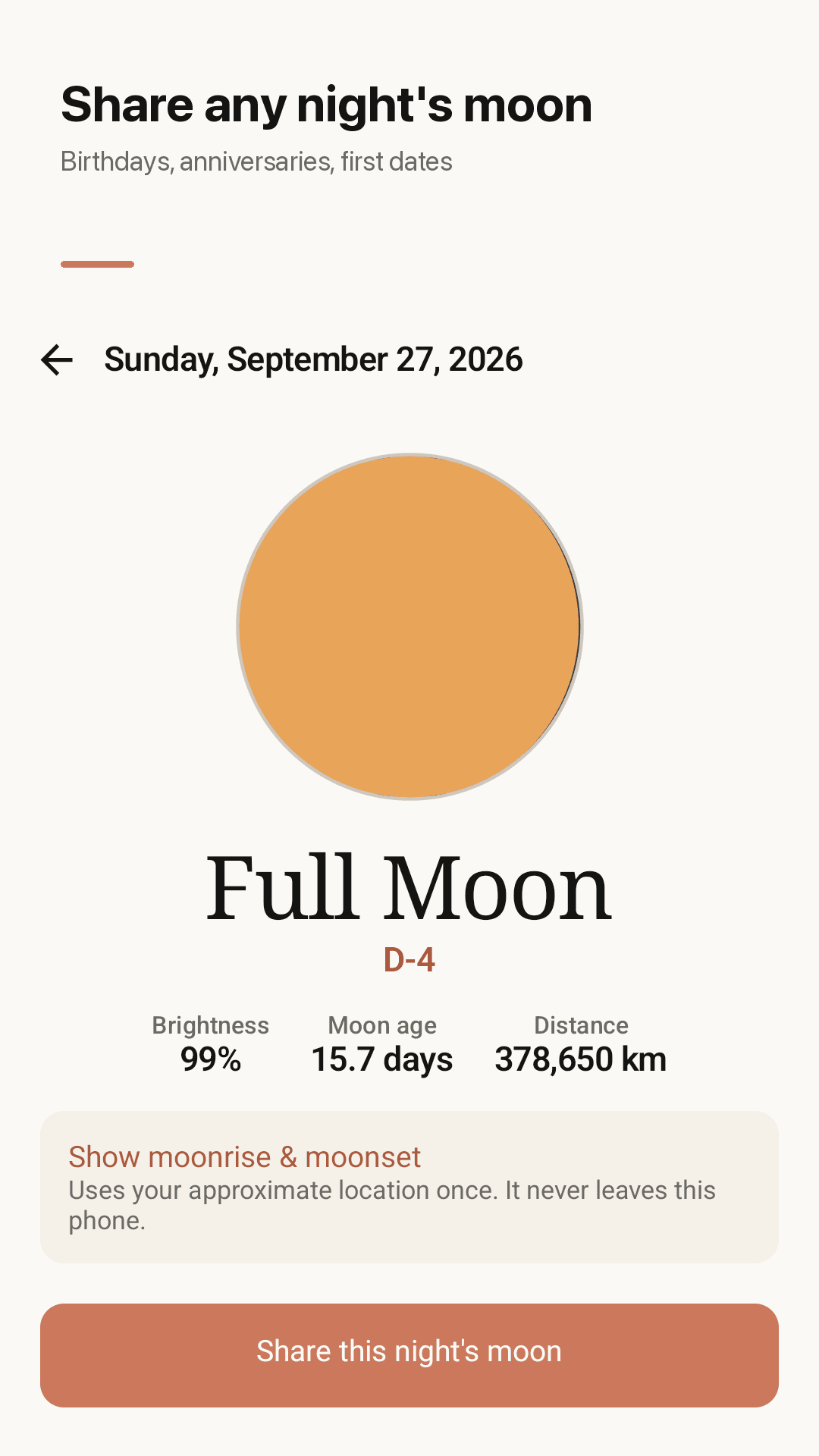 Moonrise, moonset and widget