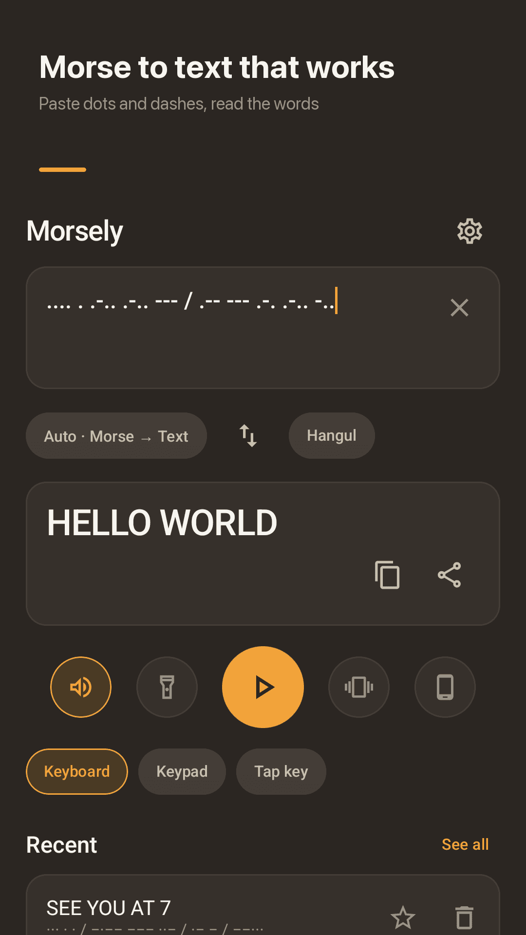 Morsely Translate screen: dots and dashes turned into HELLO WORLD with play controls