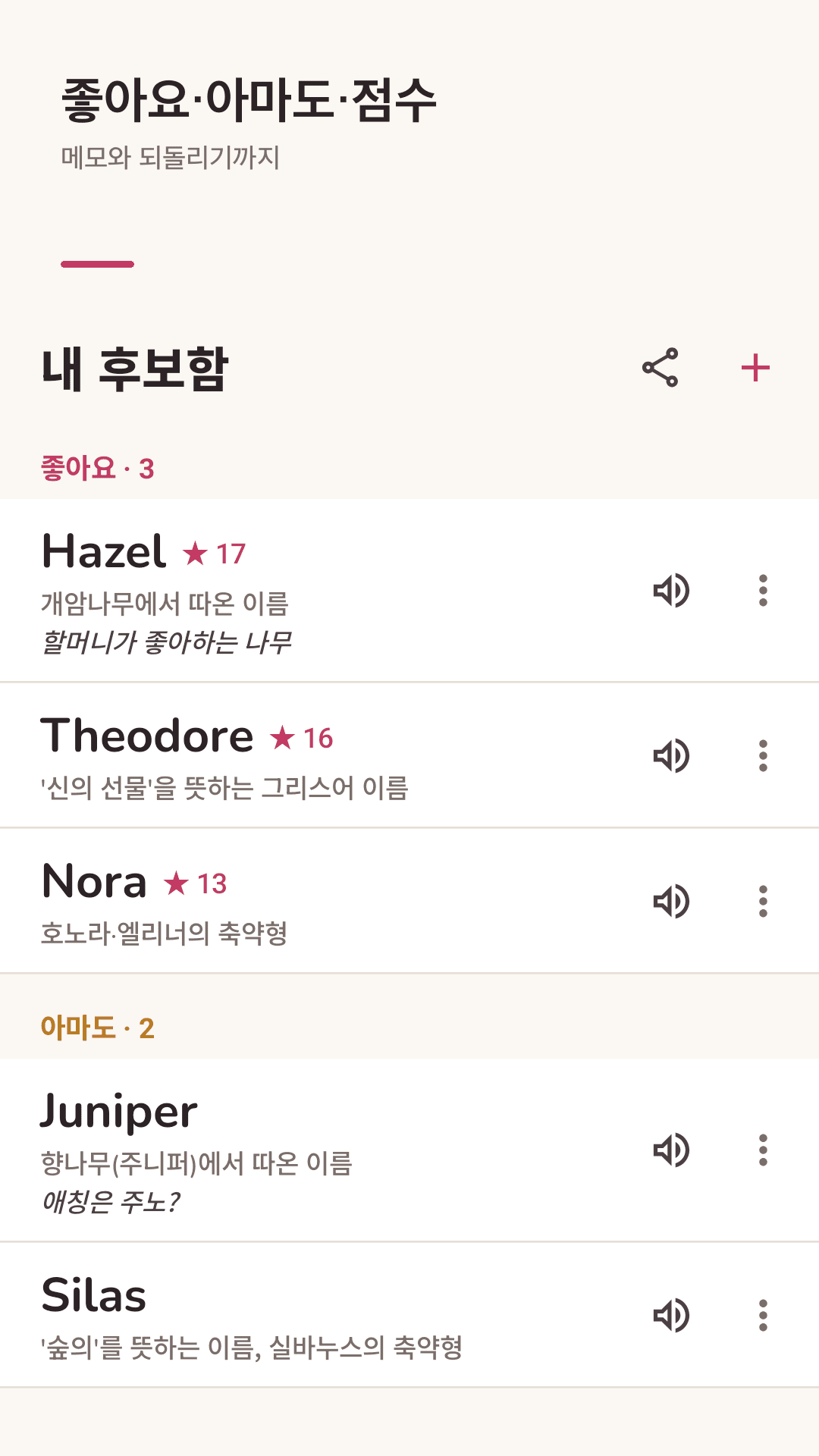 좋아요·아마도·점수, 메모와 되돌리기