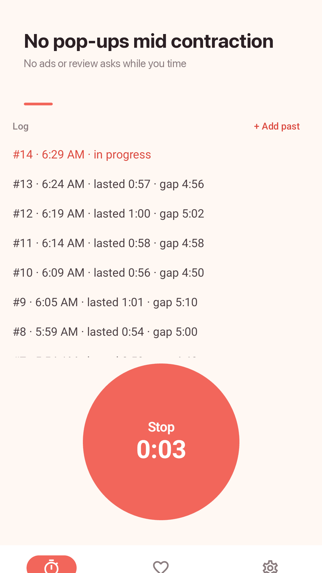 Nestwave contraction timer โ big start button with average interval and length