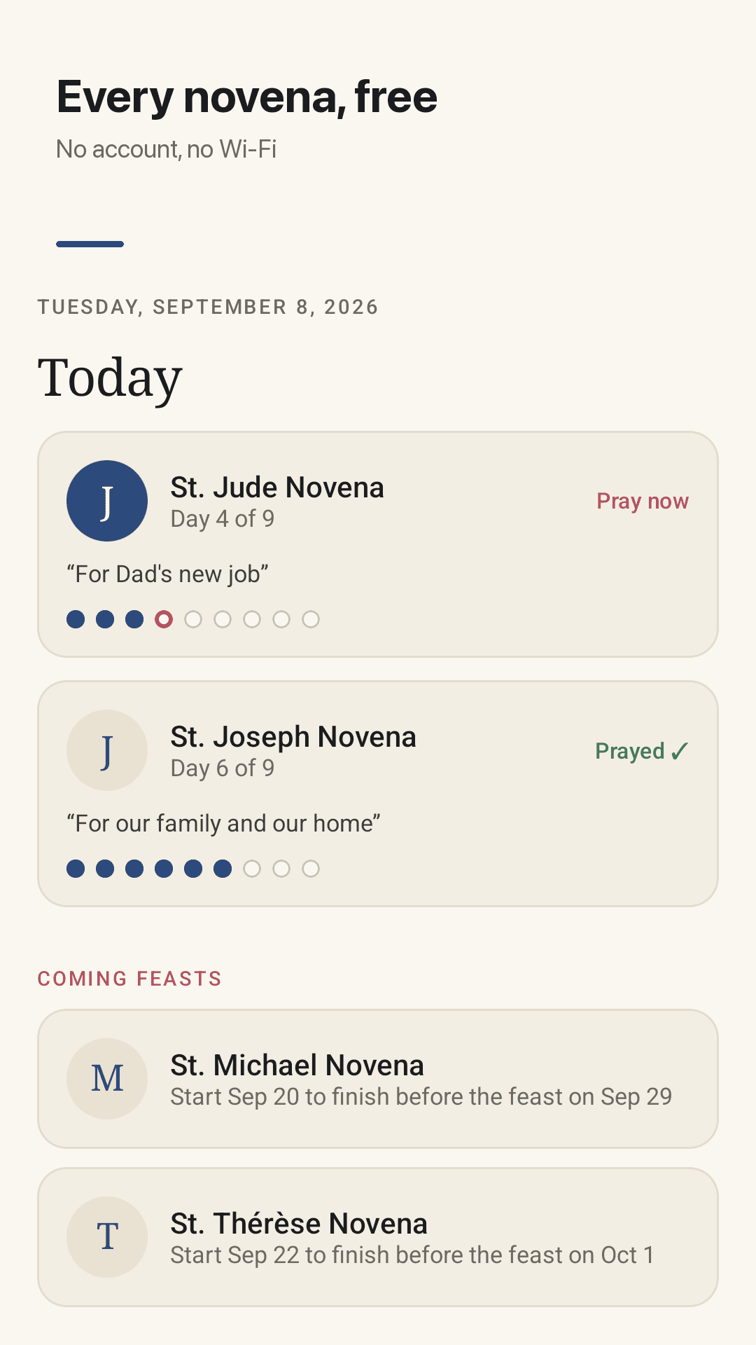 Novenly Today screen: Day 4 of the St. Jude Novena with progress dots