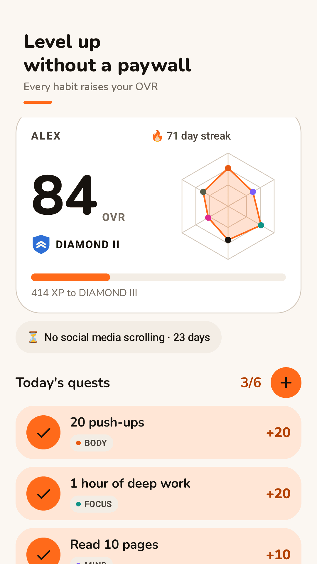 Ovrup player card: OVR 84, Diamond II, stat radar and today's quests