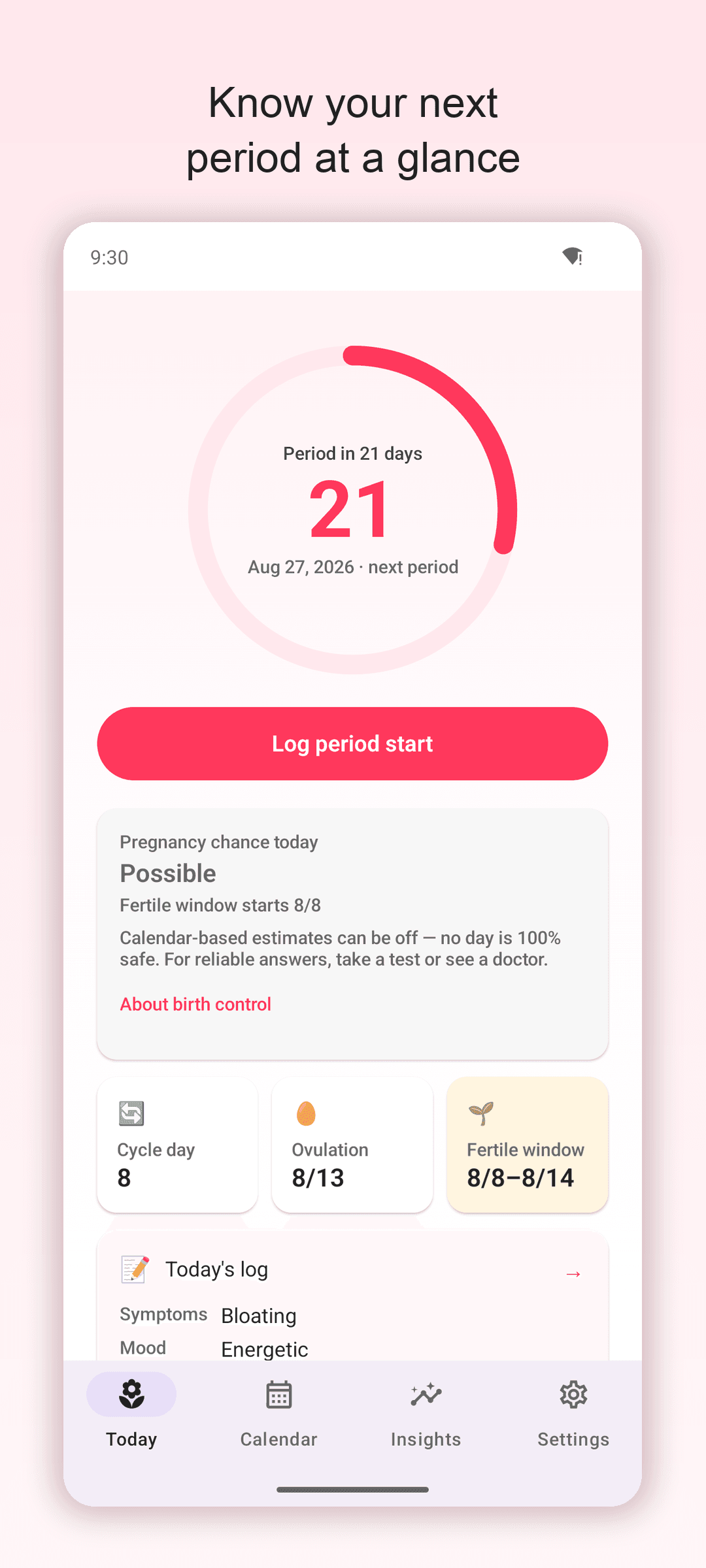 Petal home screen — days until next period and today's pregnancy chance
