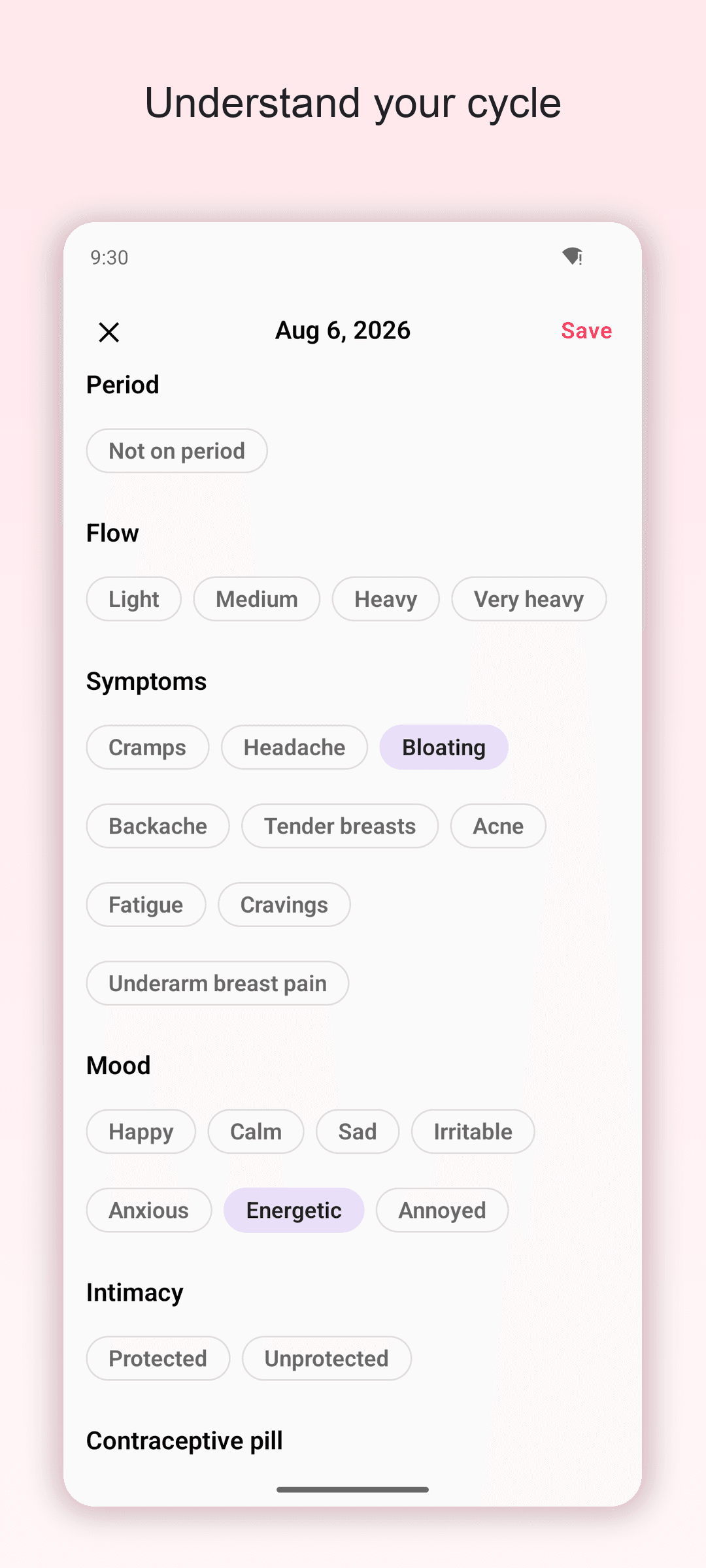 Symptoms, mood & pill — logged in 3 seconds