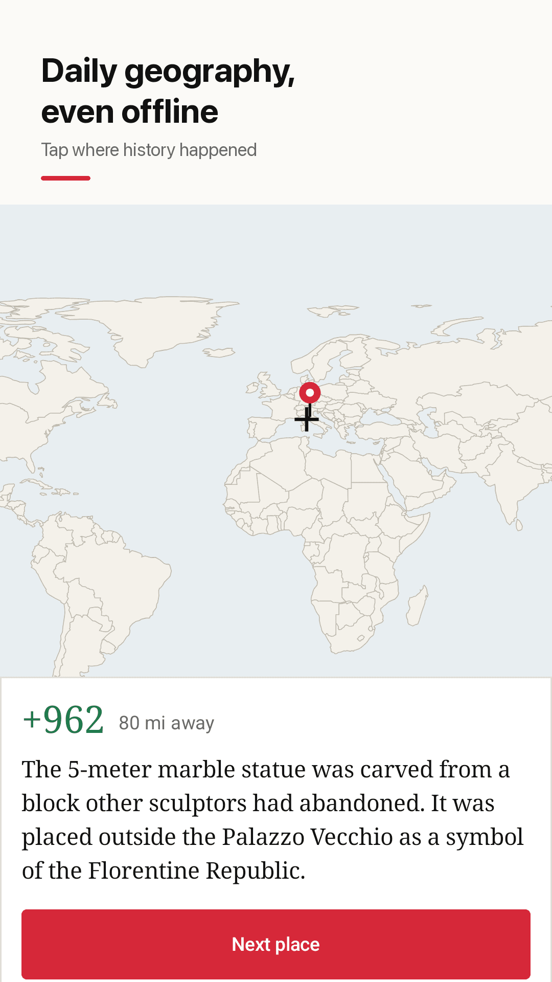 Pinpast world map with a pin placed for a historical event