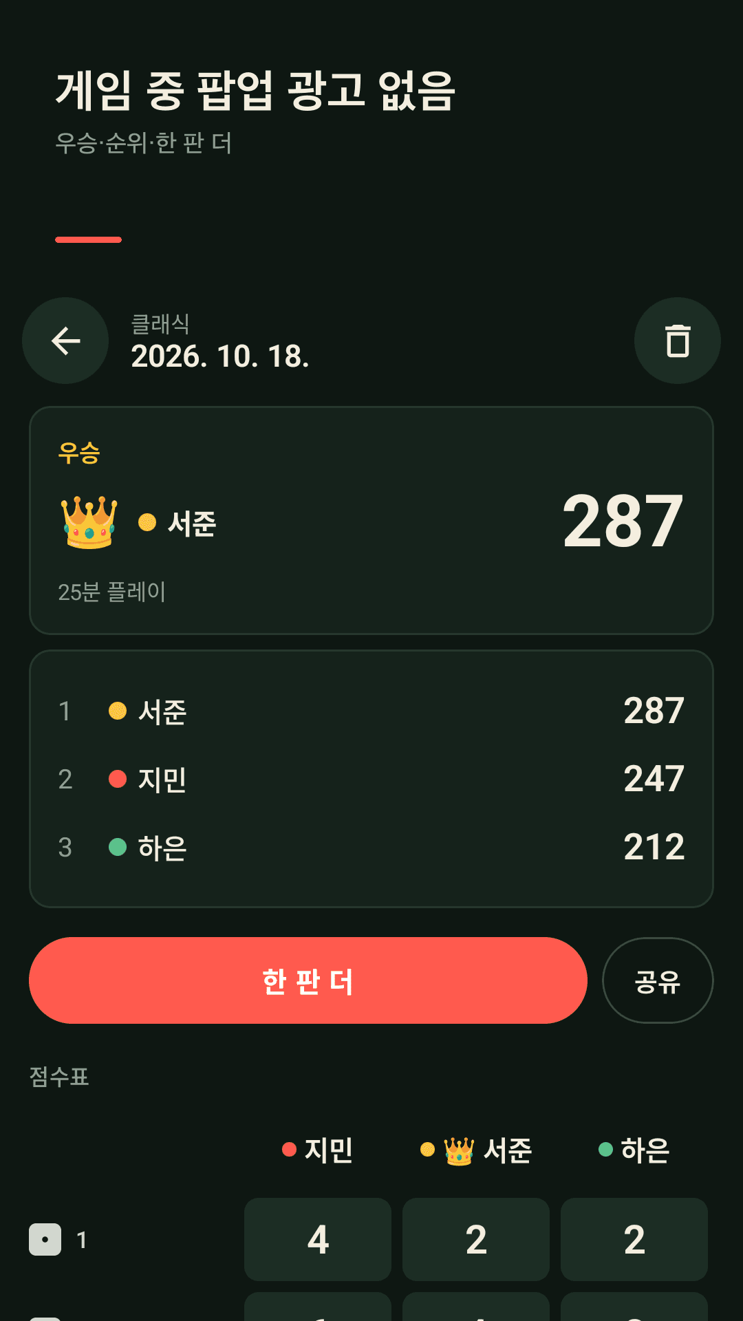 게임 도중엔 팝업 없이, 끝나면 순위