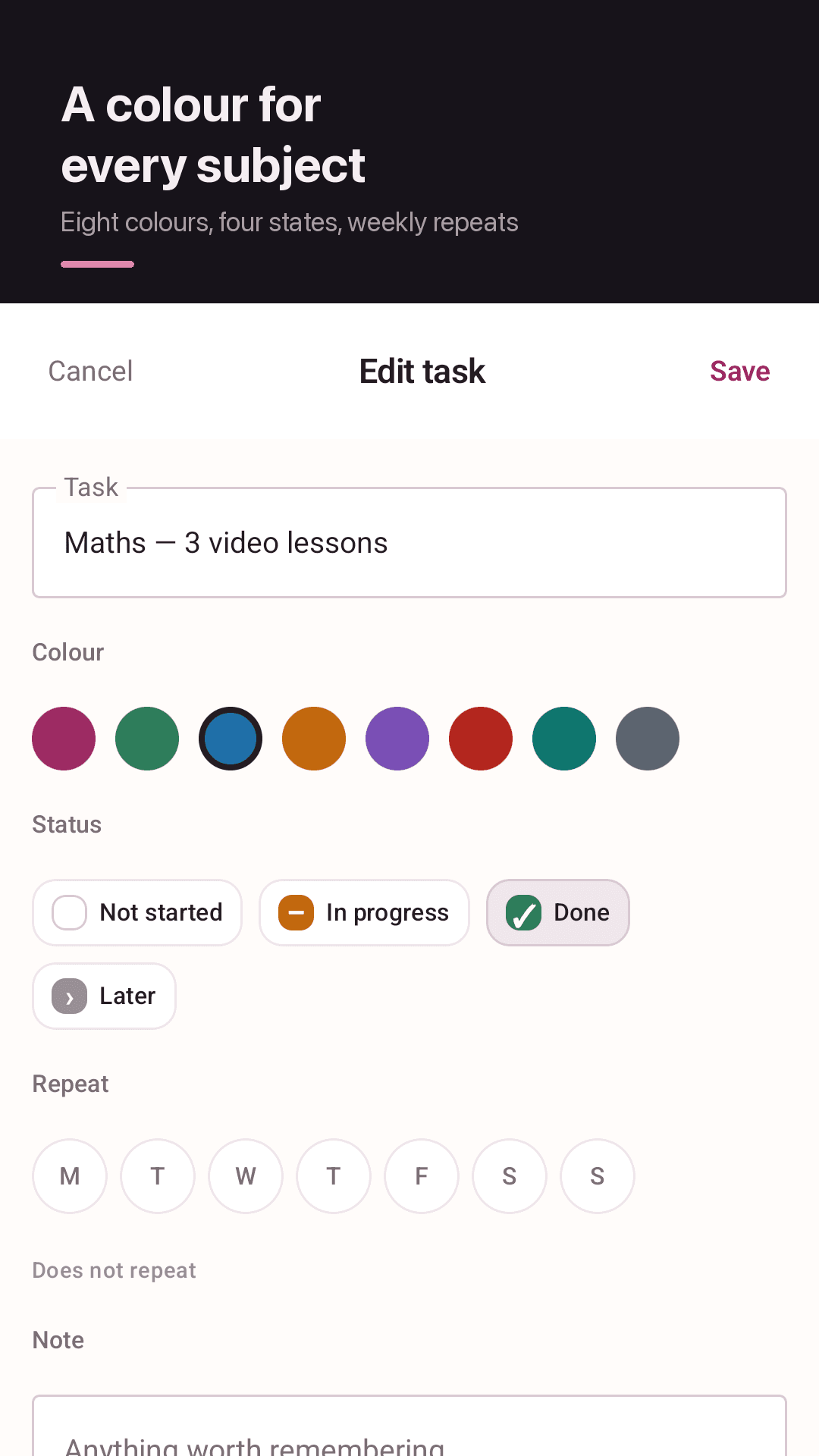 Month view — colour dots and a completion bar per day