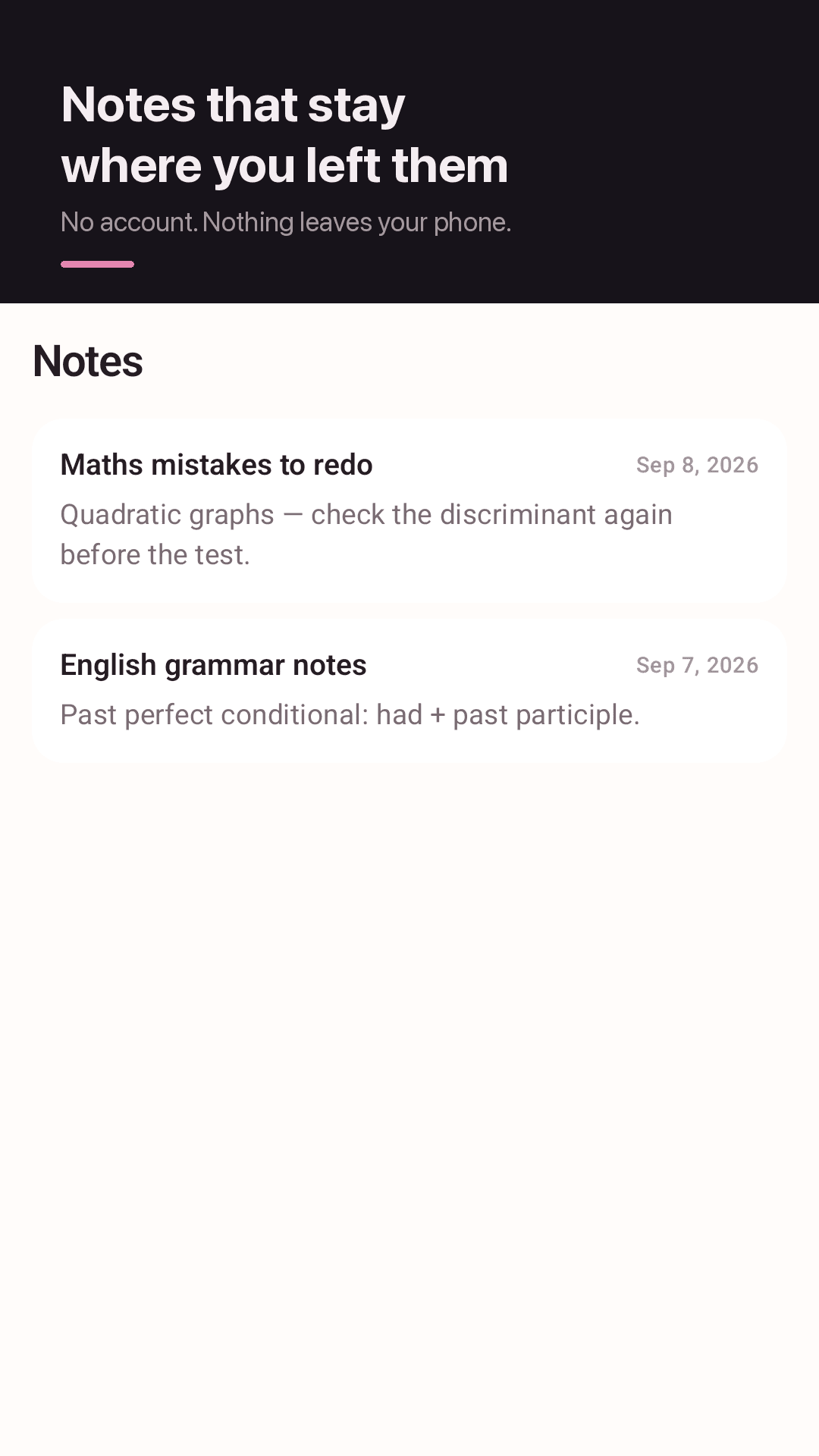 Notes tab for exam scope and mistakes to review