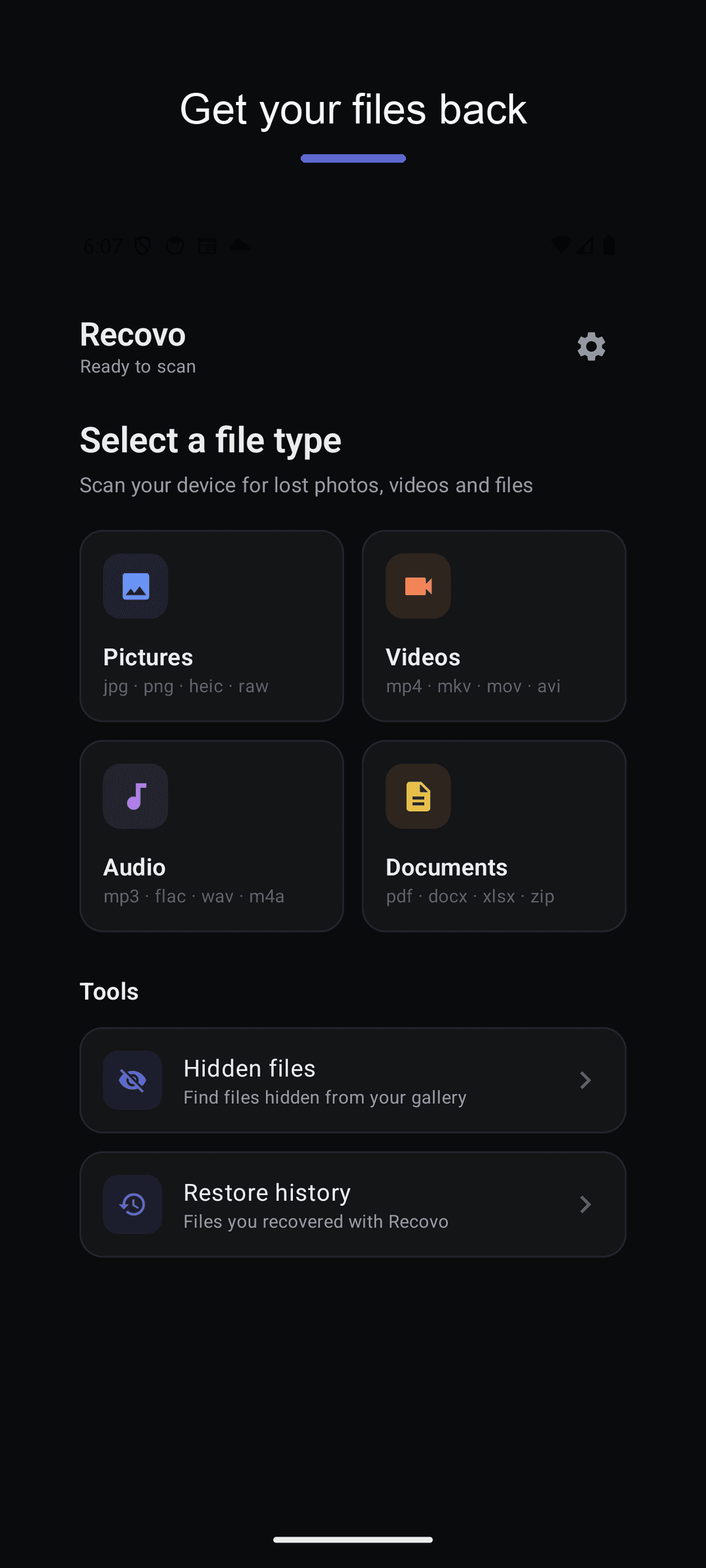 Pick a file type and scan