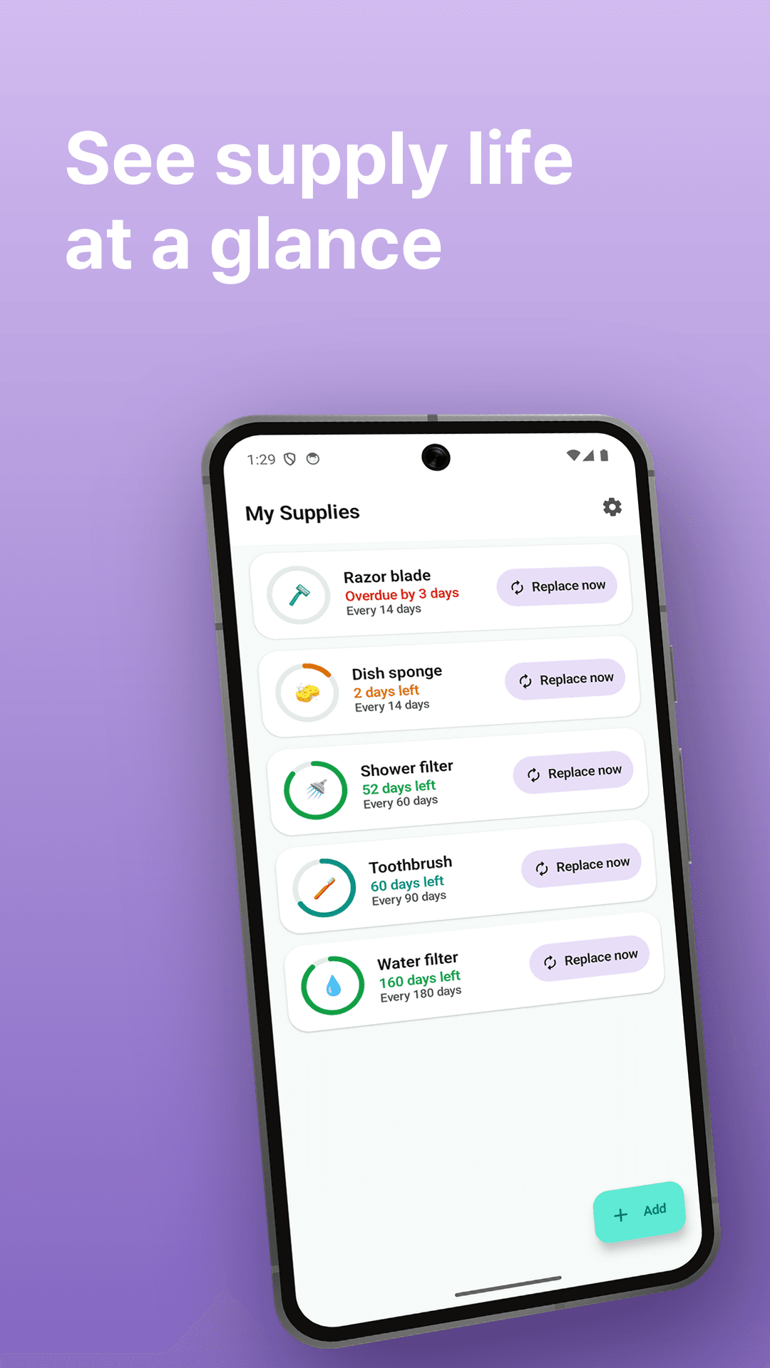 Reflow home screen — supply life gauges