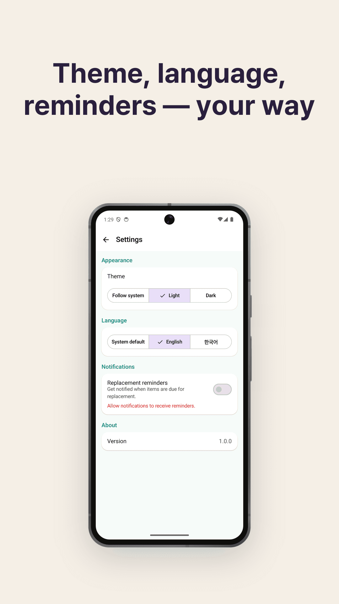 Reminders and theme settings