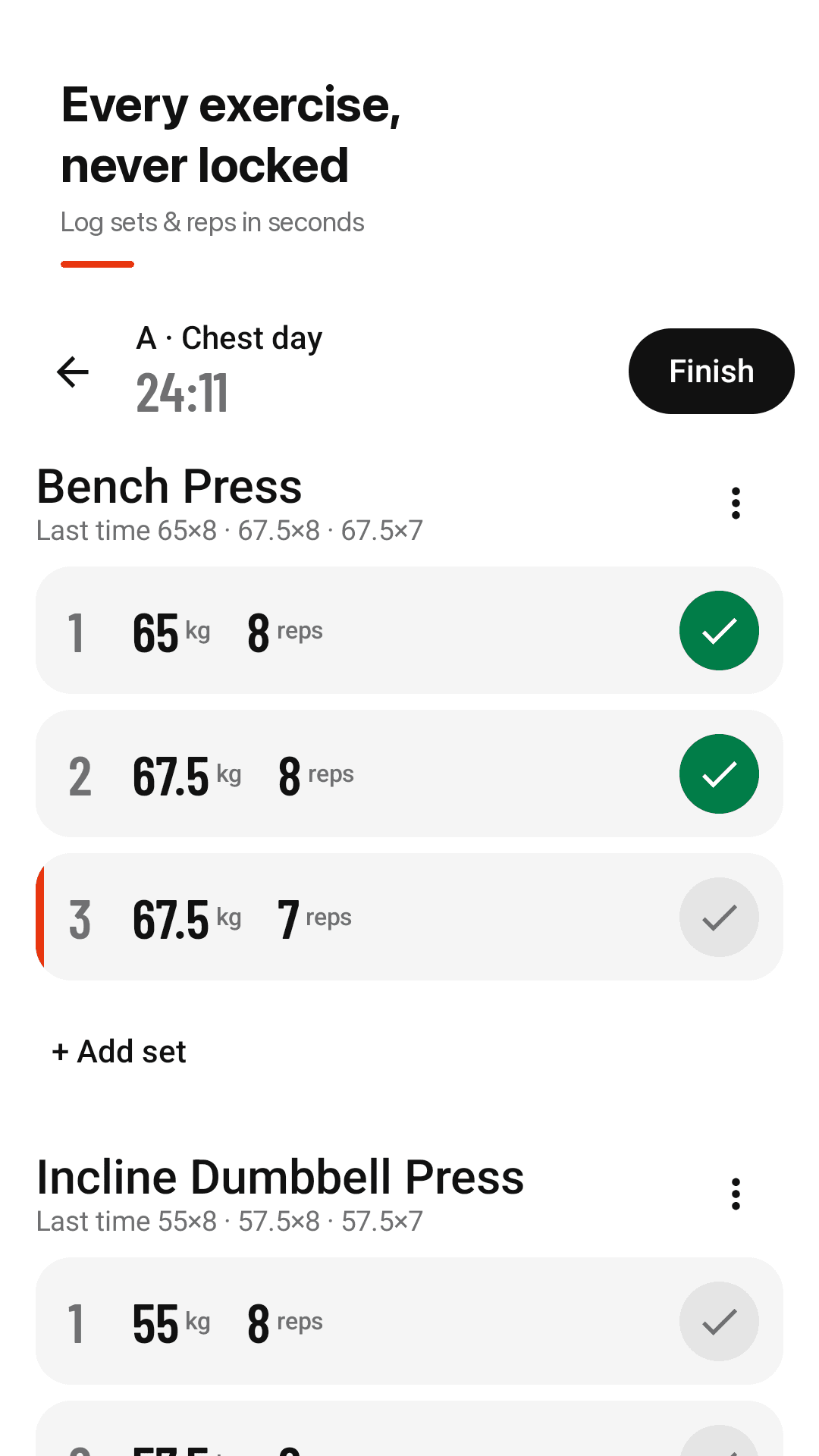 Repnote set logging screen showing bench press sets with weight, reps and last session