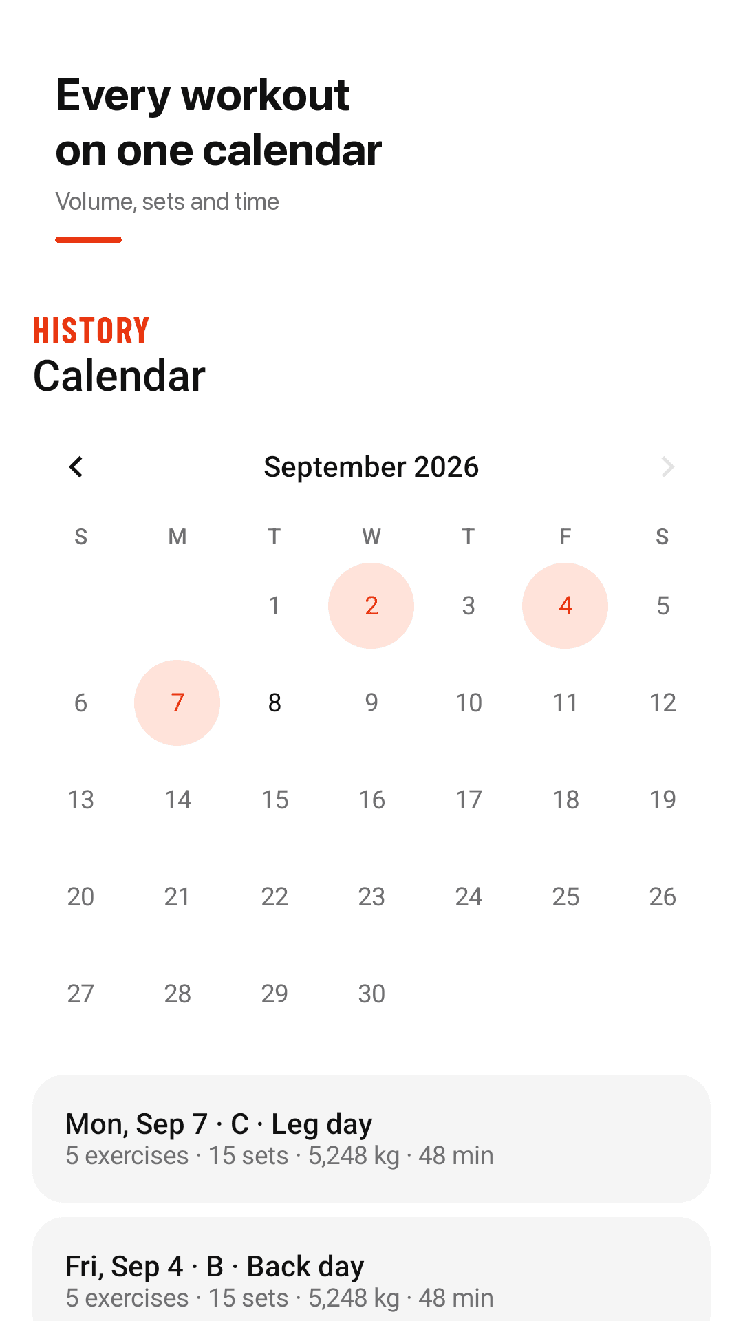 Every workout on one calendar