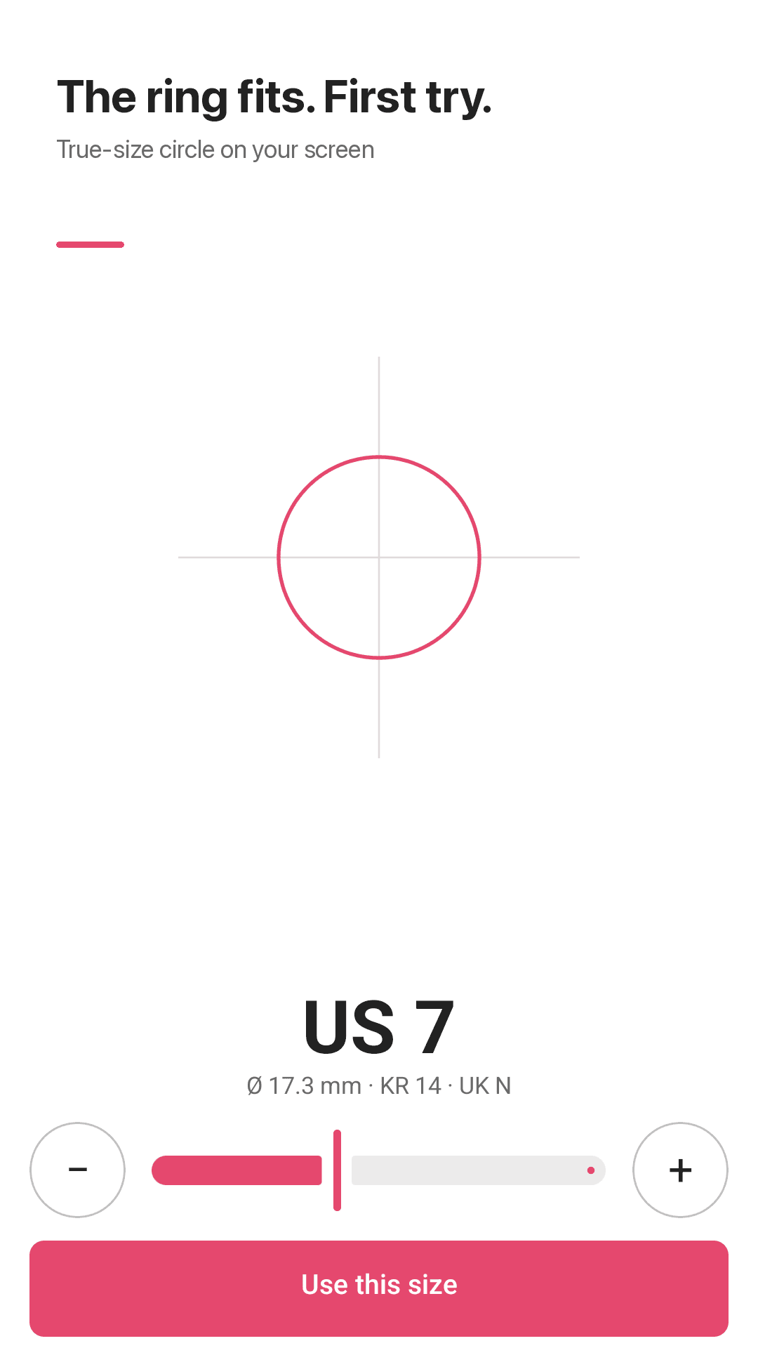 Ringmate measuring screen — a true-to-scale on-screen circle matched to a ring's inner edge
