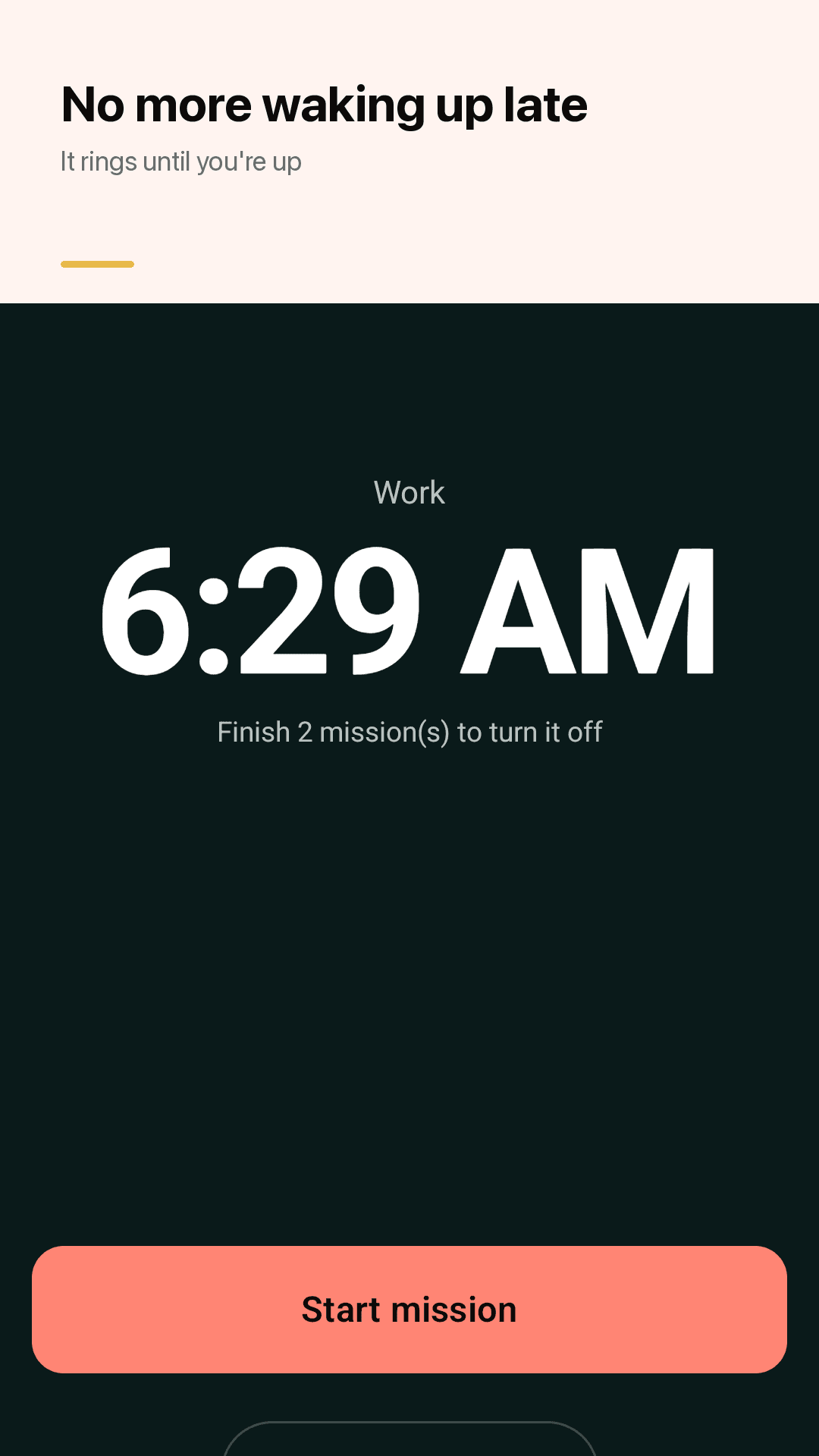 Rouzy ringing screen โ the current time and a button to start the mission
