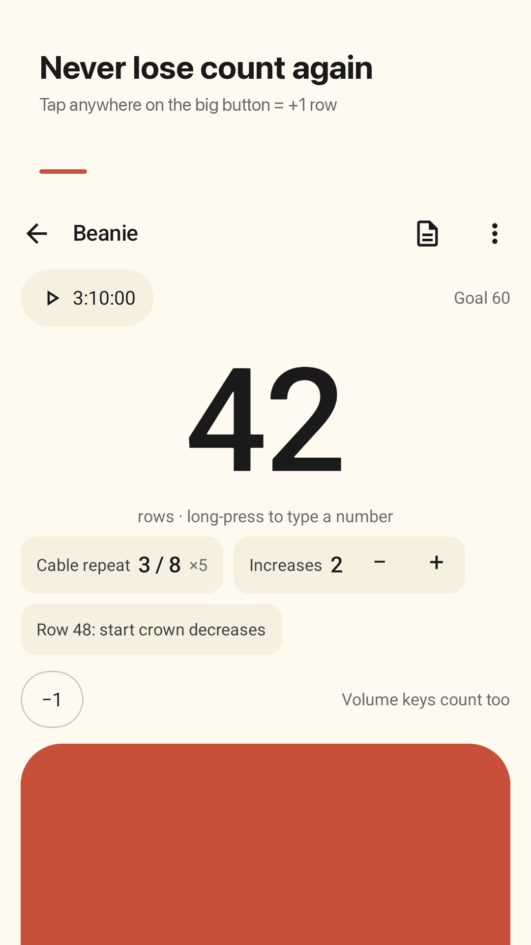 Rowmark counter screen — Beanie project at row 42, cable repeat 3/8, increases 2, a note "Row 48: start crown decreases", and a terracotta +1 button filling the bottom half