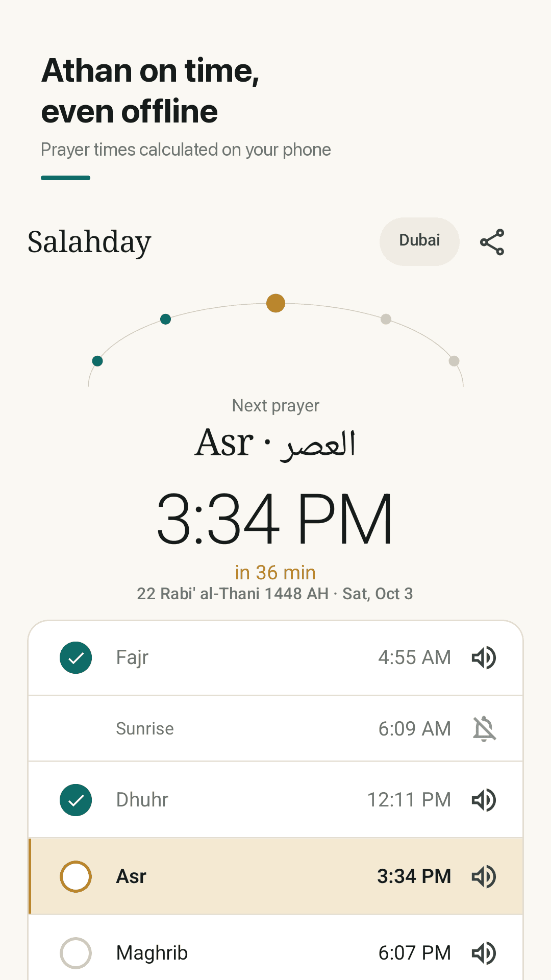 Salahday — Today screen with the next prayer and all five prayer times