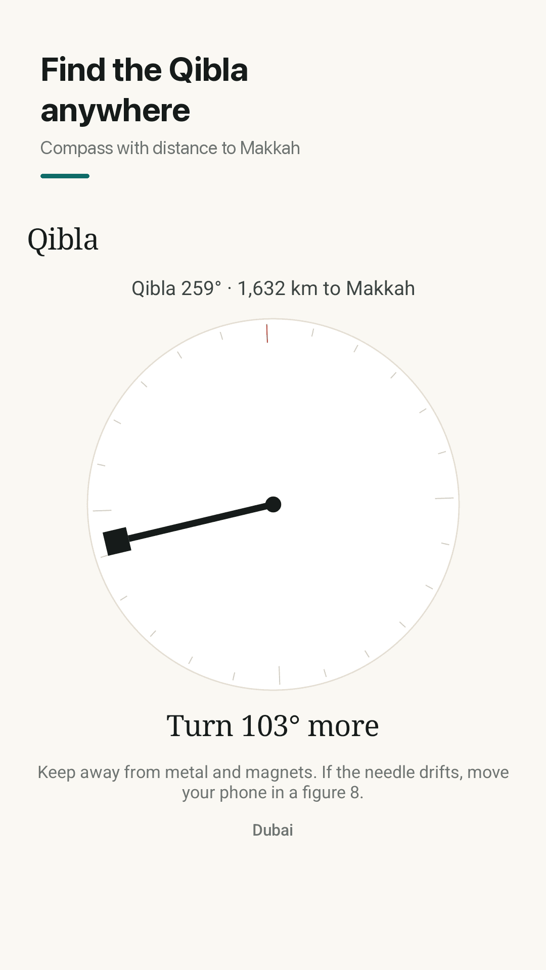 Qibla compass with distance to Makkah