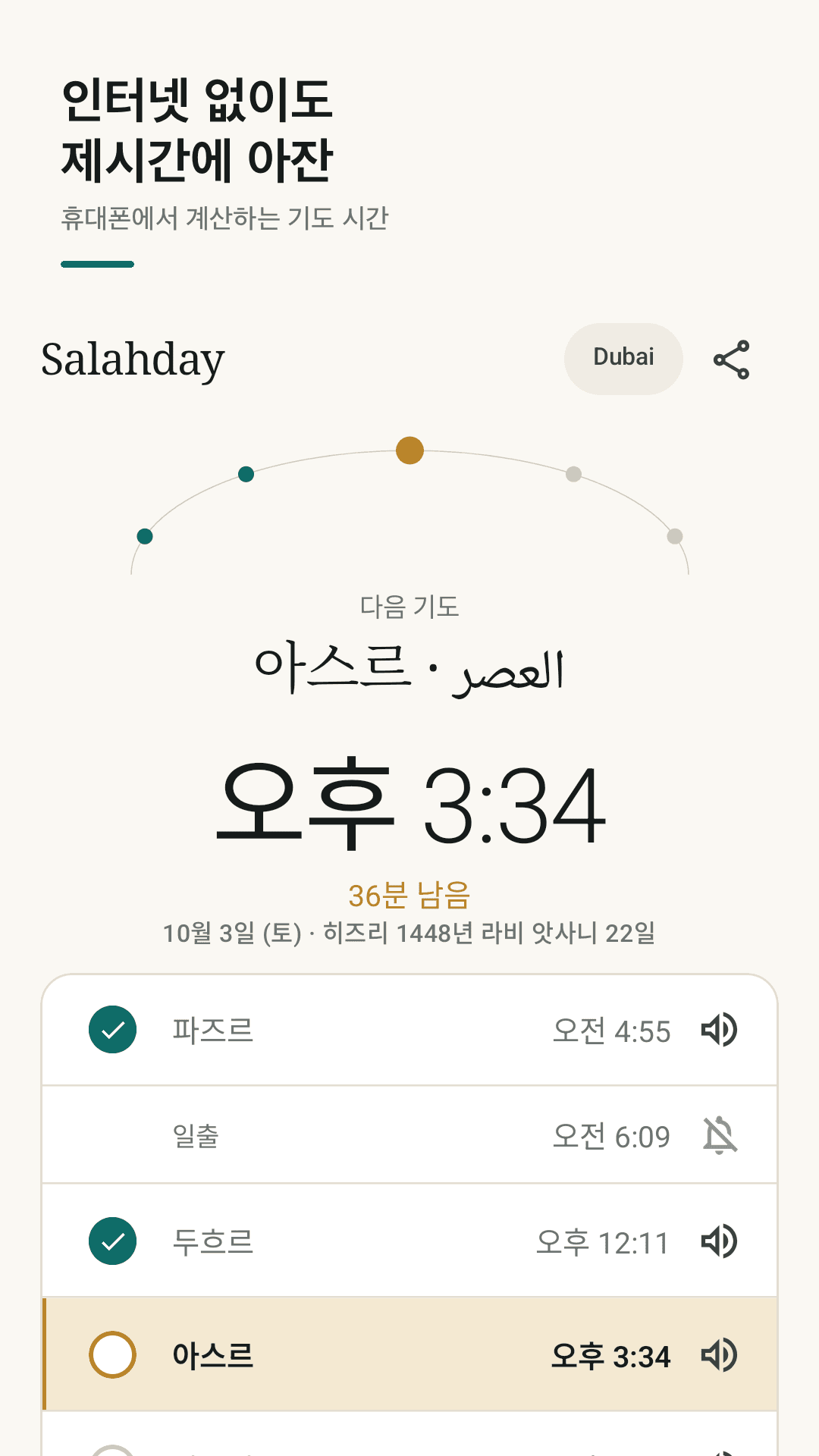 Salahday — 다음 기도와 오늘의 기도 시간 다섯 개가 보이는 오늘 화면