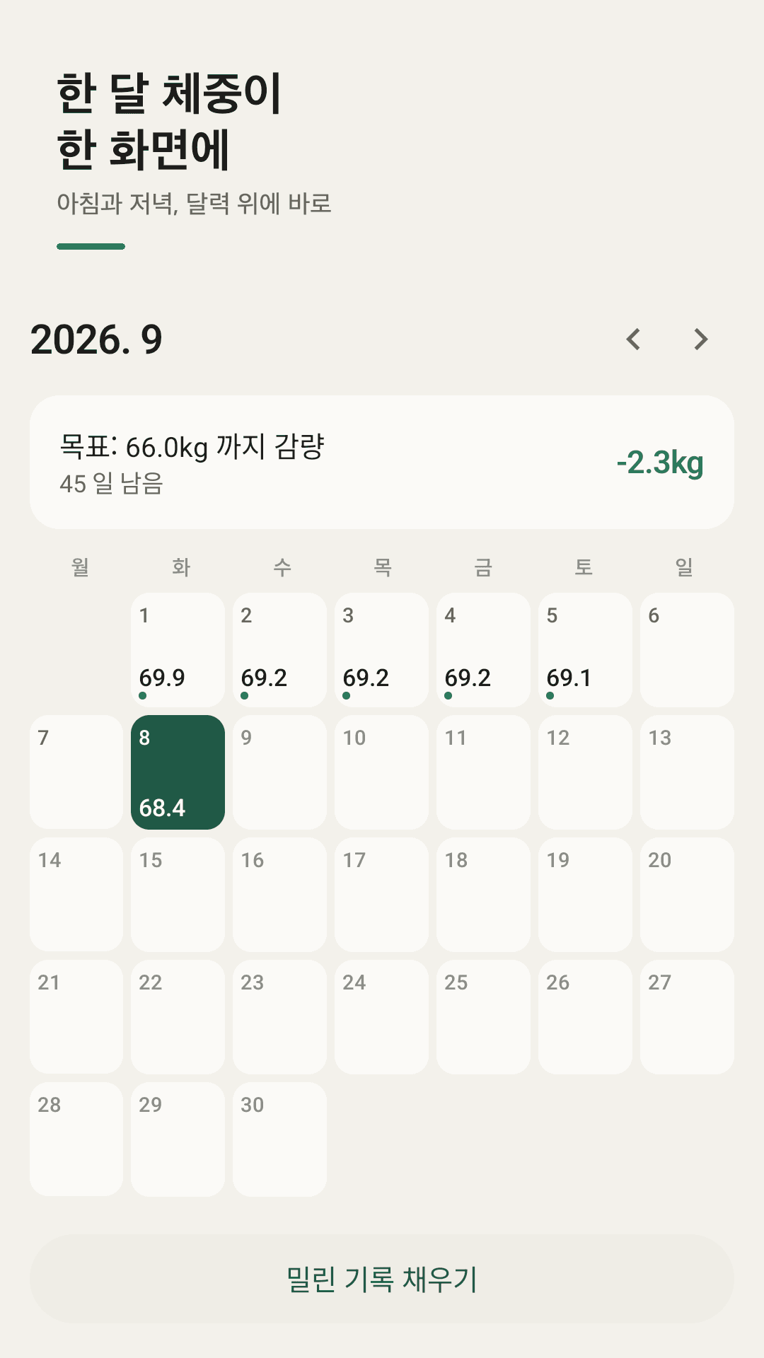 Scalendar 체중 달력 화면