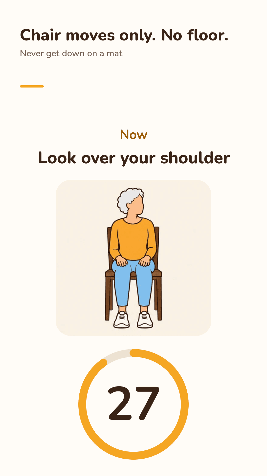 Sitora workout screen: a seated chair move illustration and a big countdown