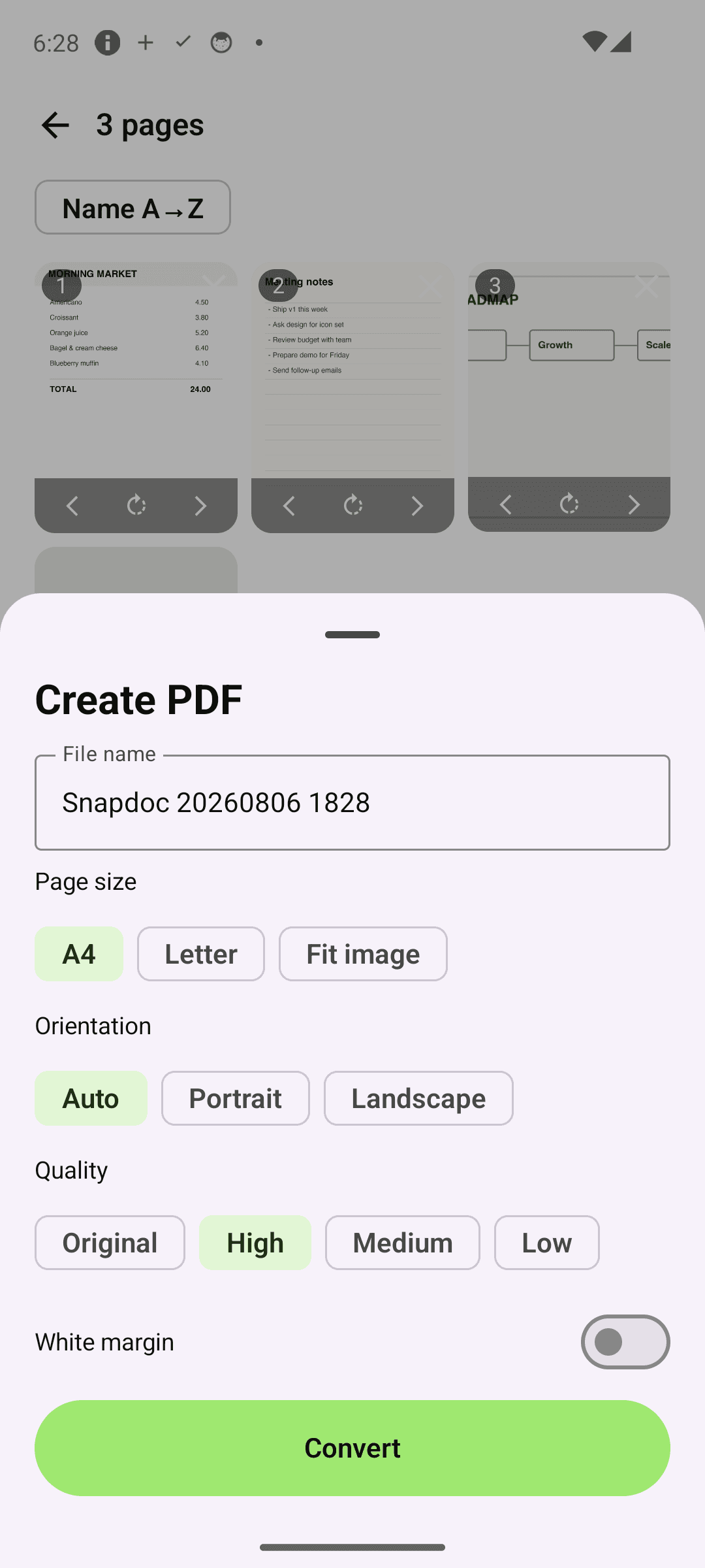 Options — size, orientation, quality