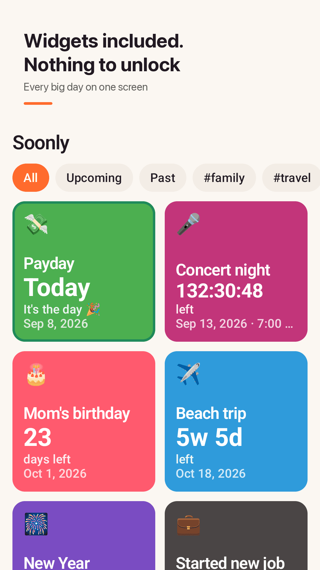 Soonly home screen with a grid of photo countdown cards