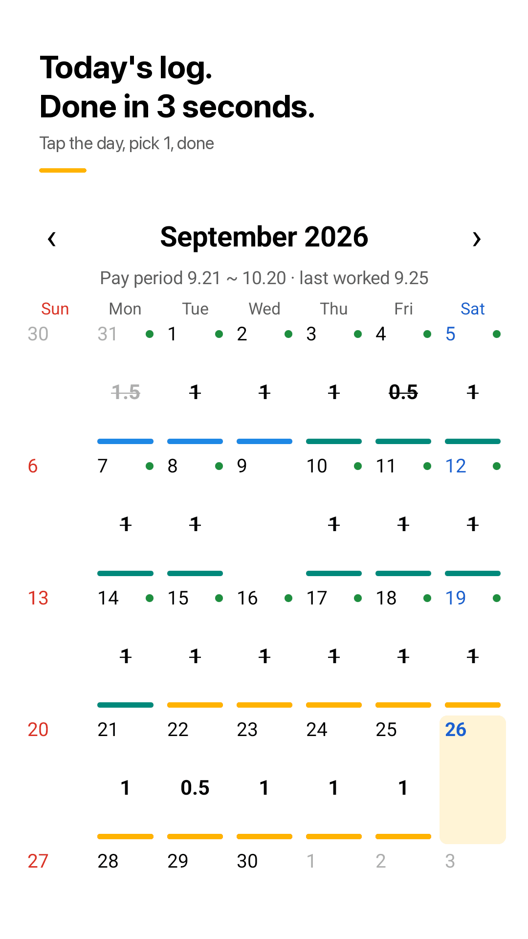 Tallyday calendar โ a month of work days colored by job site with take-home total
