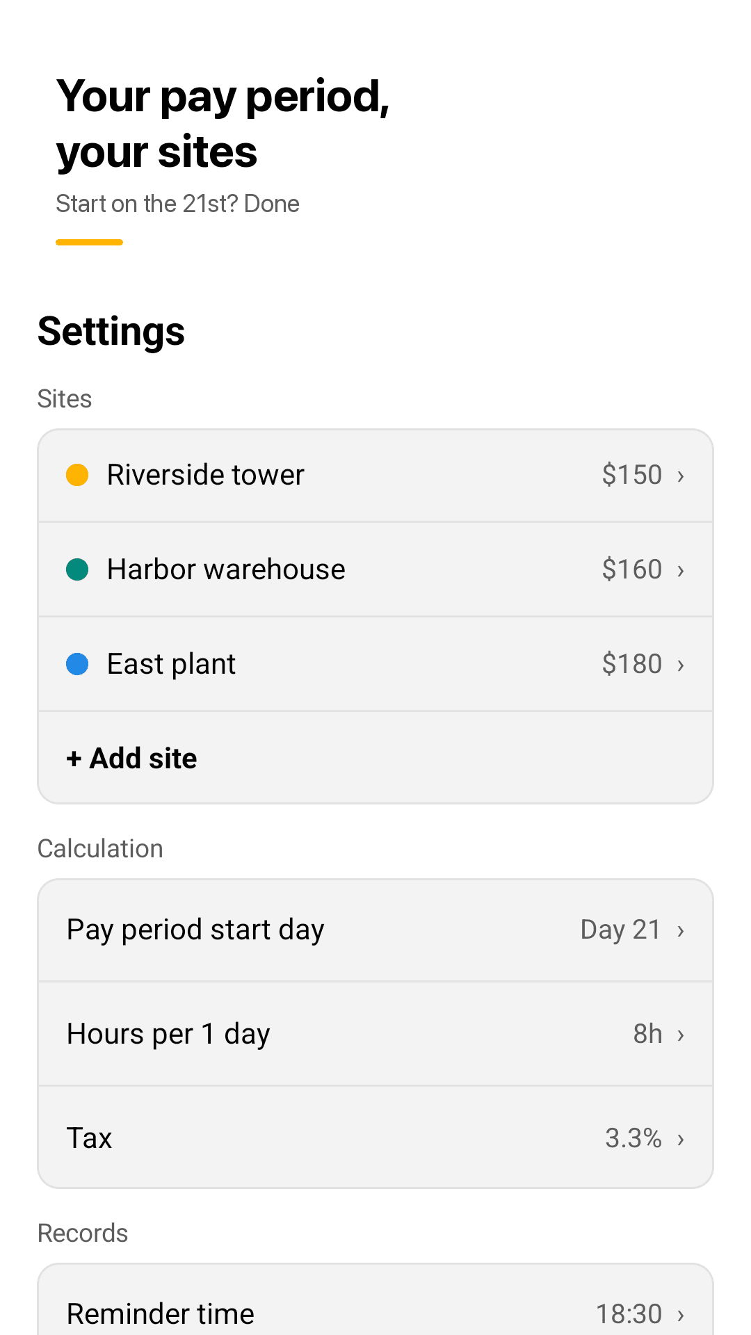 Sites, day rates and pay period start