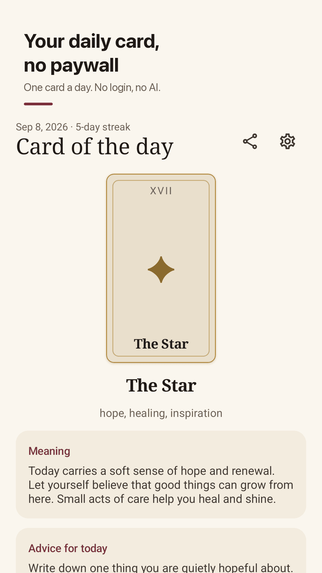 Tarotday card of the day screen